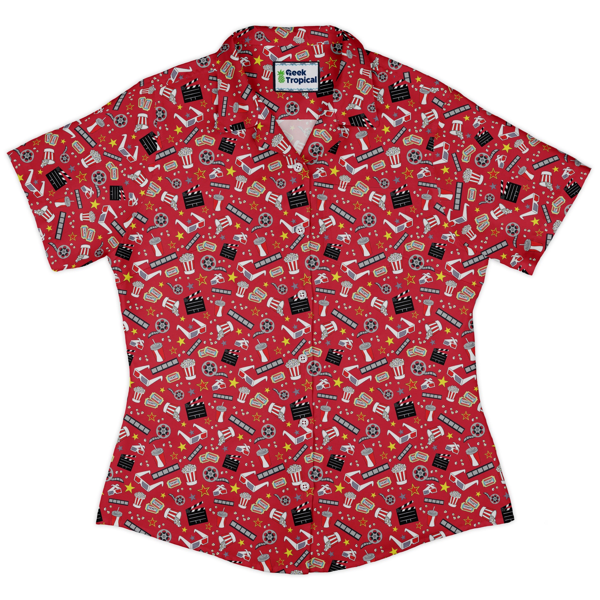 Reel Good Movie Time Red Curvy Button Up Shirt Old Curvy Button Up Shirt womens front