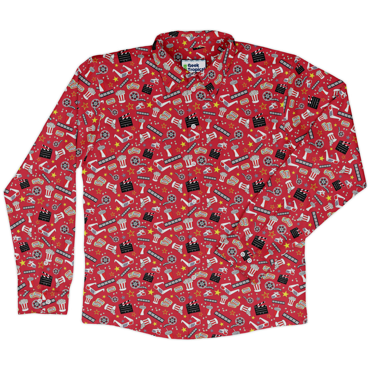 Reel Good Movie Time Red Long Sleeve Button Up Shirt front