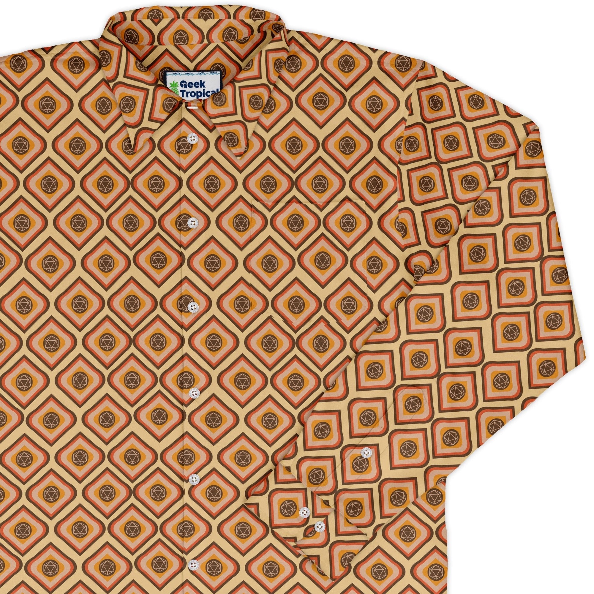 Retro Diamond Dice Long Sleeve Button Up Shirt Geek Nerd adult sizing Design by Heather Davenport dnd & rpg print