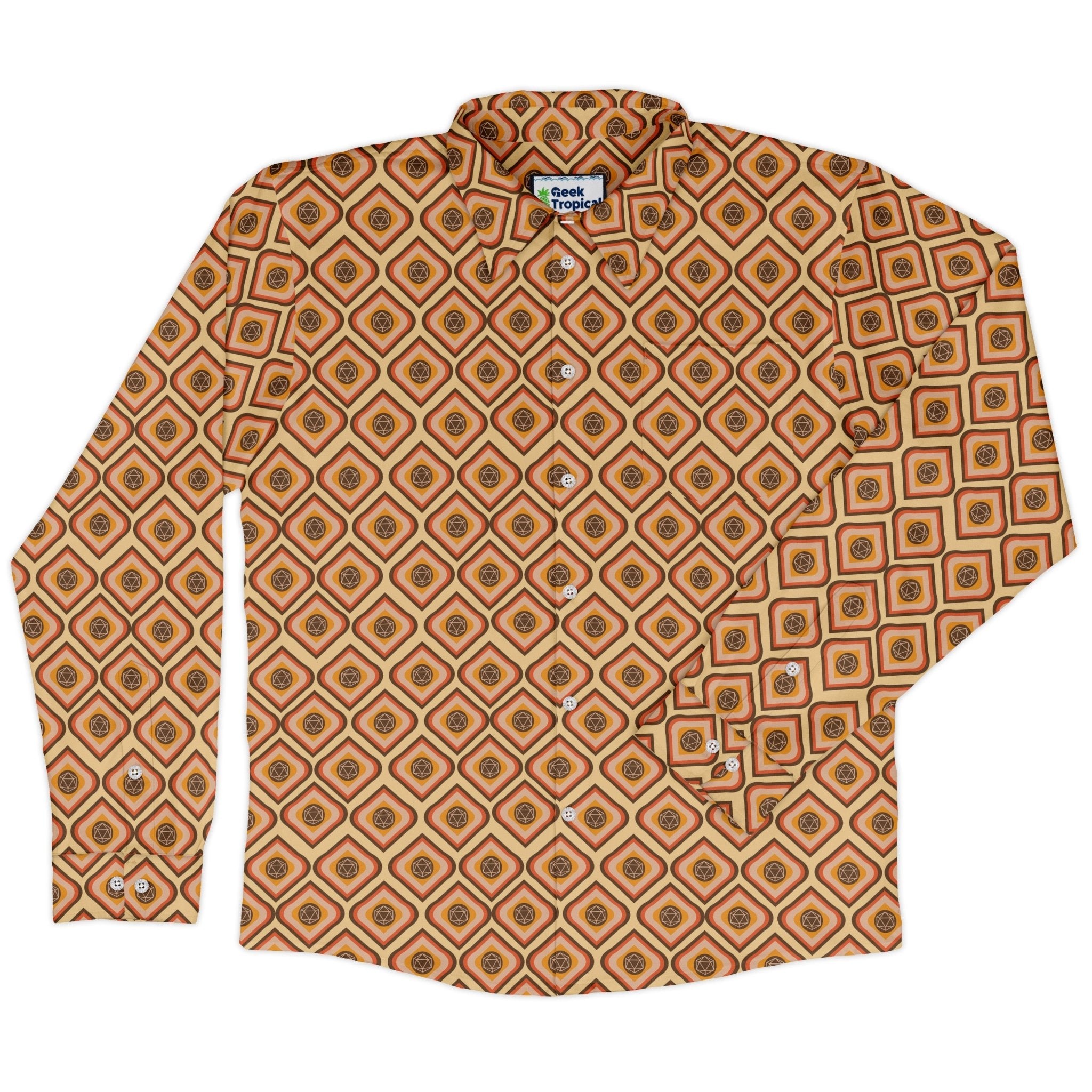Retro Diamond Dice Long Sleeve Button Up Shirt Geek Nerd adult sizing Design by Heather Davenport dnd & rpg print