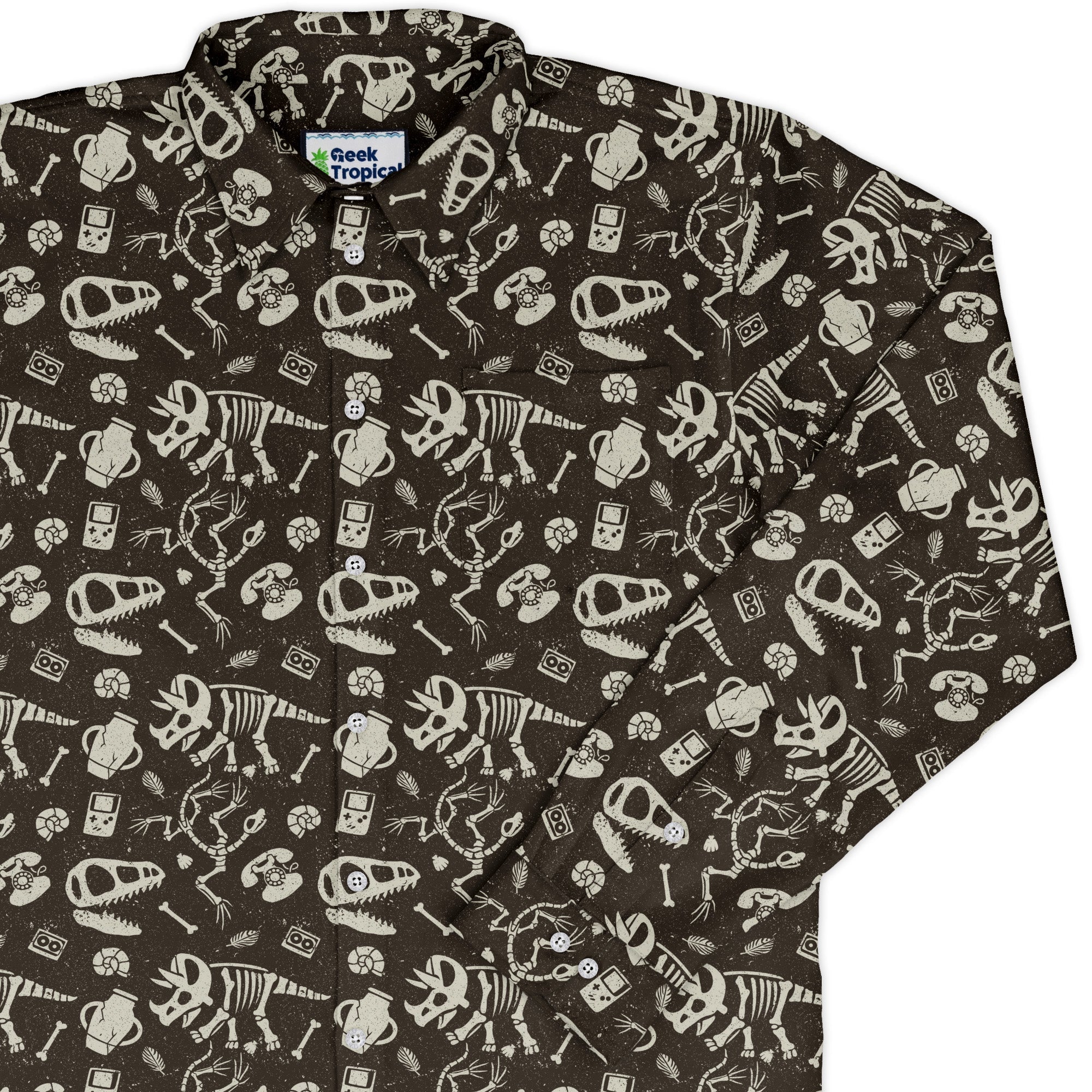 Retro Fossils and Dinosaurs Long Sleeve Button Up Shirt Geek Nerd adult sizing Design by Tobe Fonseca dinosaur print