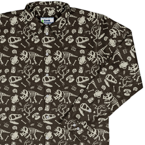 Retro Fossils and Dinosaurs Long Sleeve Button Up Shirt Geek Nerd adult sizing Design by Tobe Fonseca dinosaur print
