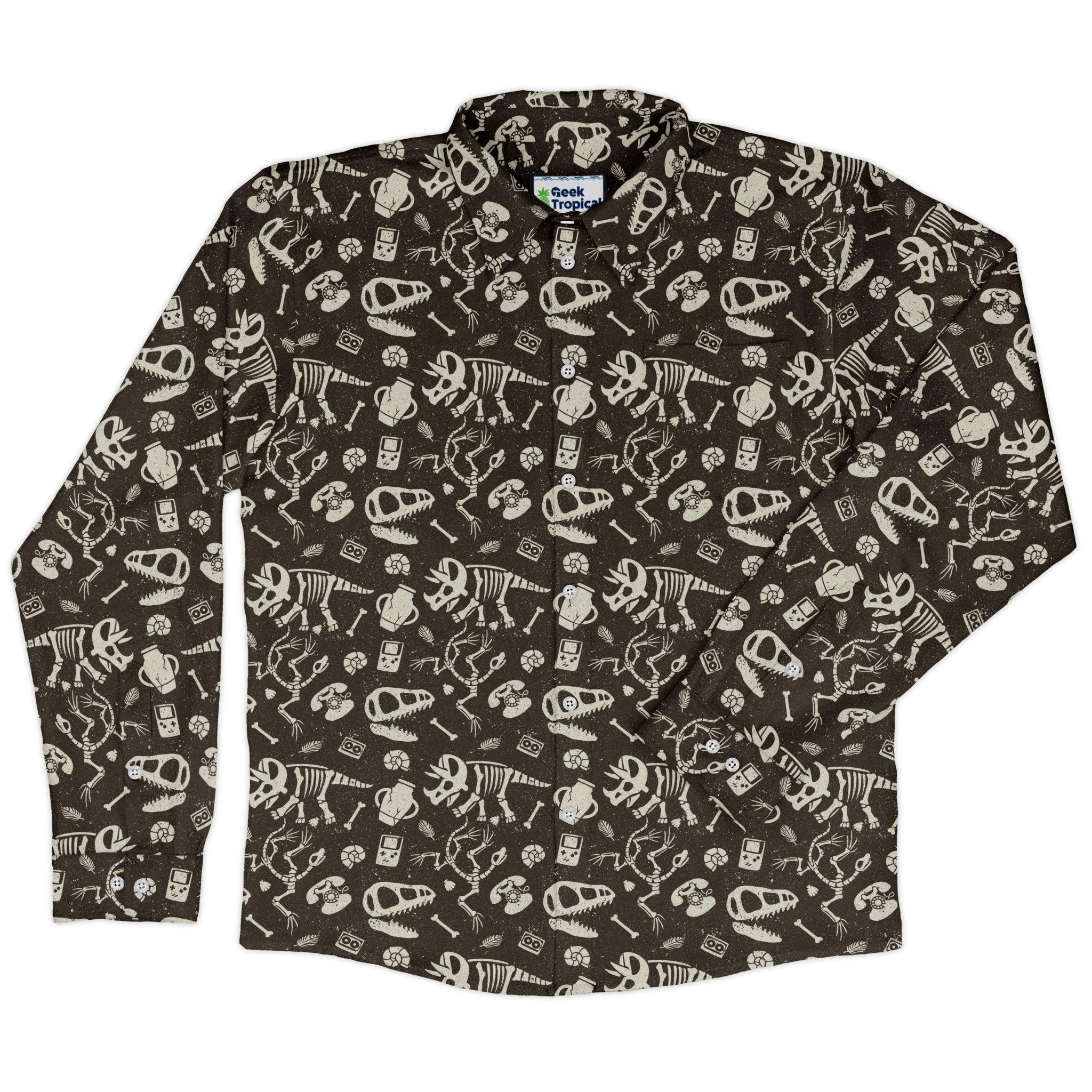 Retro Fossils and Dinosaurs Long Sleeve Button Up Shirt Geek Nerd adult sizing Design by Tobe Fonseca dinosaur print