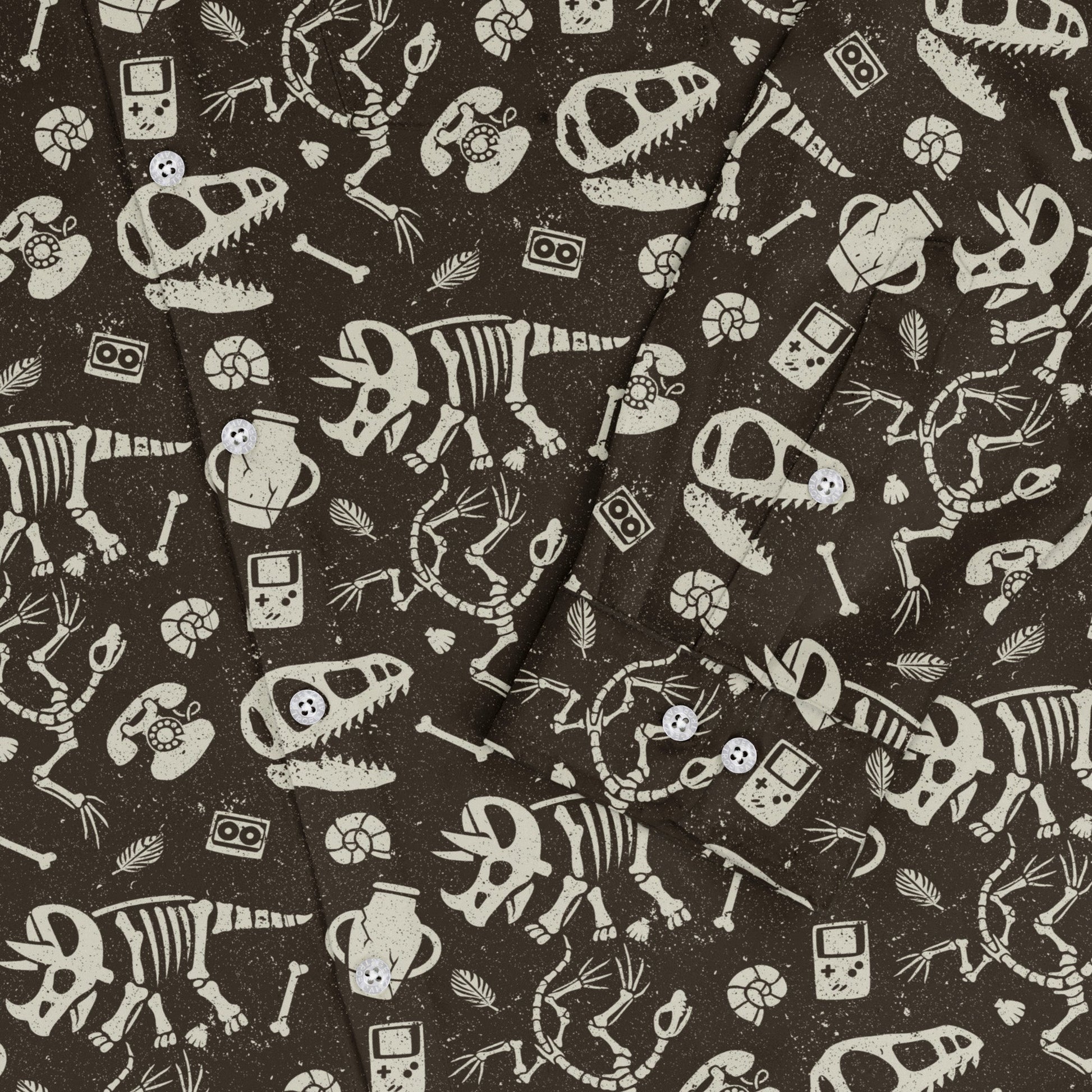 Retro Fossils and Dinosaurs Long Sleeve Button Up Shirt Geek Nerd adult sizing Design by Tobe Fonseca dinosaur print