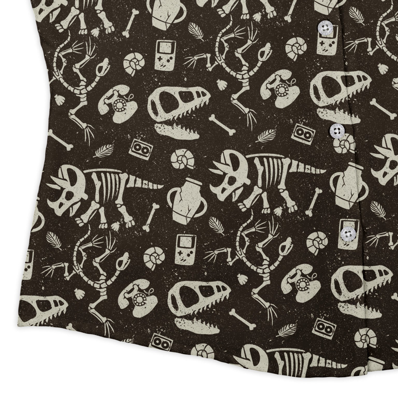 Retro Fossils and Dinosaurs Curvy Button Up Shirt Geek Nerd Design by Tobe Fonseca dinosaur print Q3