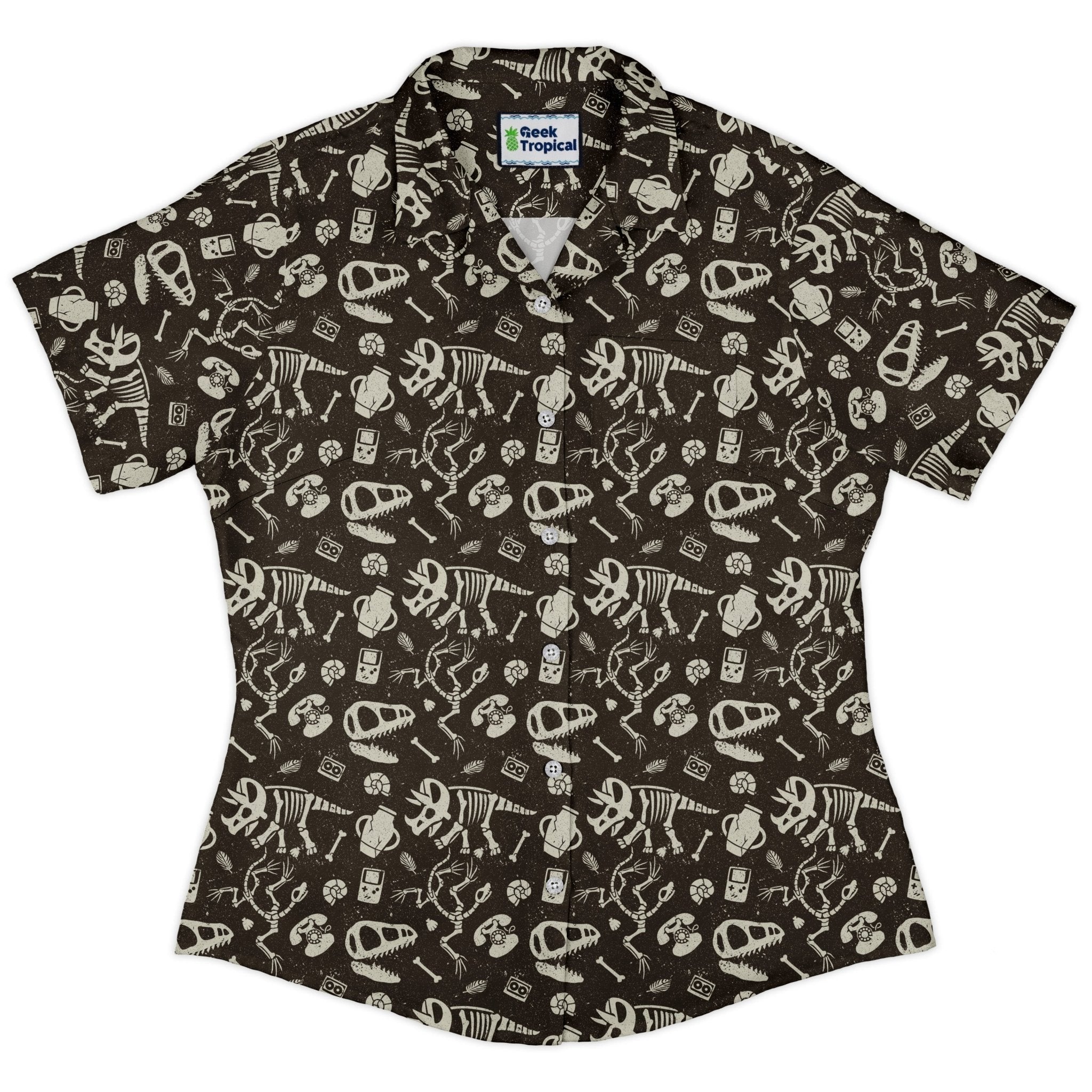 Clearance Ready - to - Ship Retro Fossils and Dinosaurs Curvy Button Up Shirt Geek Nerd Clearance Design by Tobe Fonseca dinosaur print