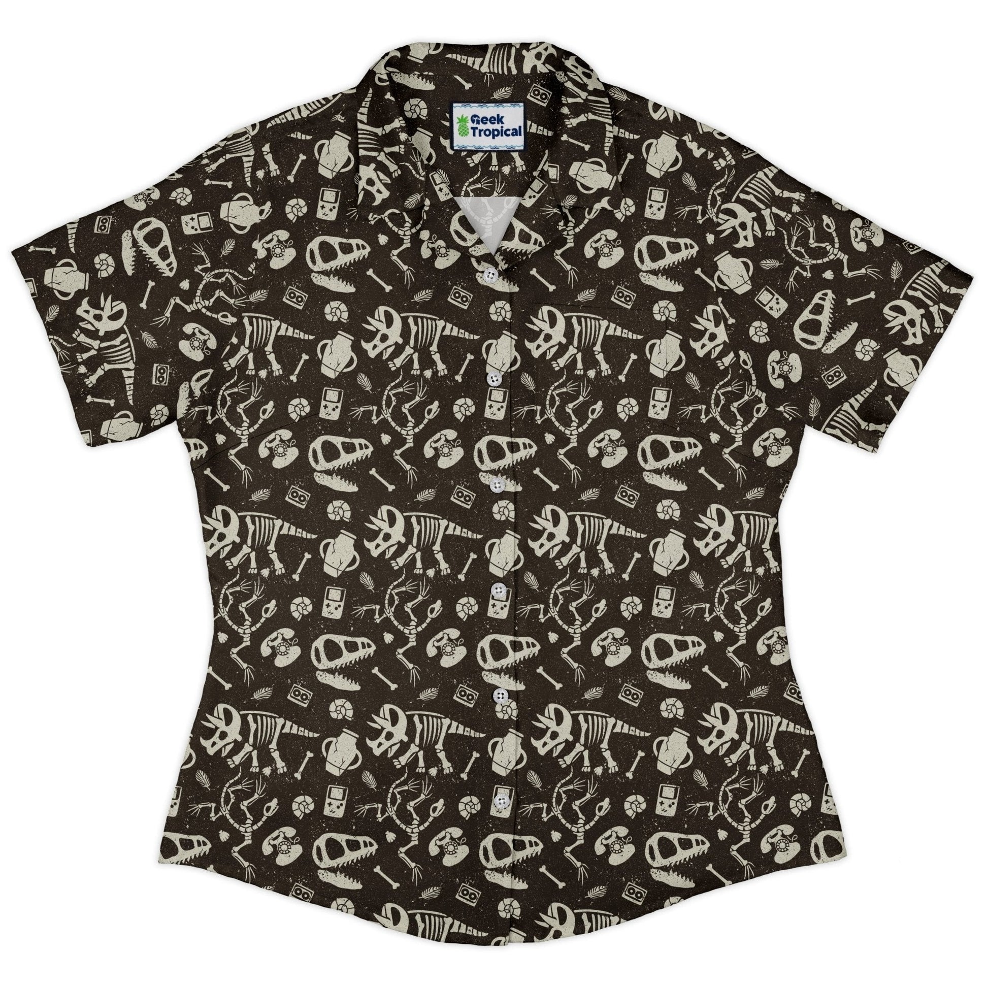 Clearance Ready - to - Ship Retro Fossils and Dinosaurs Curvy Button Up Shirt Geek Nerd Clearance Design by Tobe Fonseca dinosaur print
