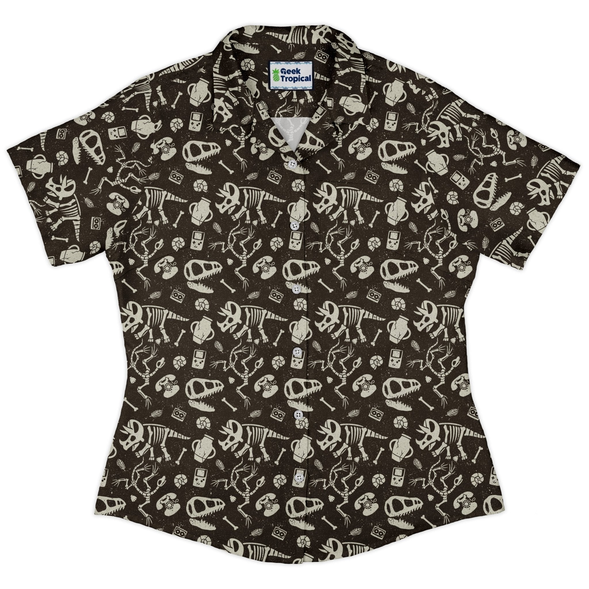 Retro Fossils and Dinosaurs Curvy Button Up Shirt Geek Nerd Design by Tobe Fonseca dinosaur print Q3