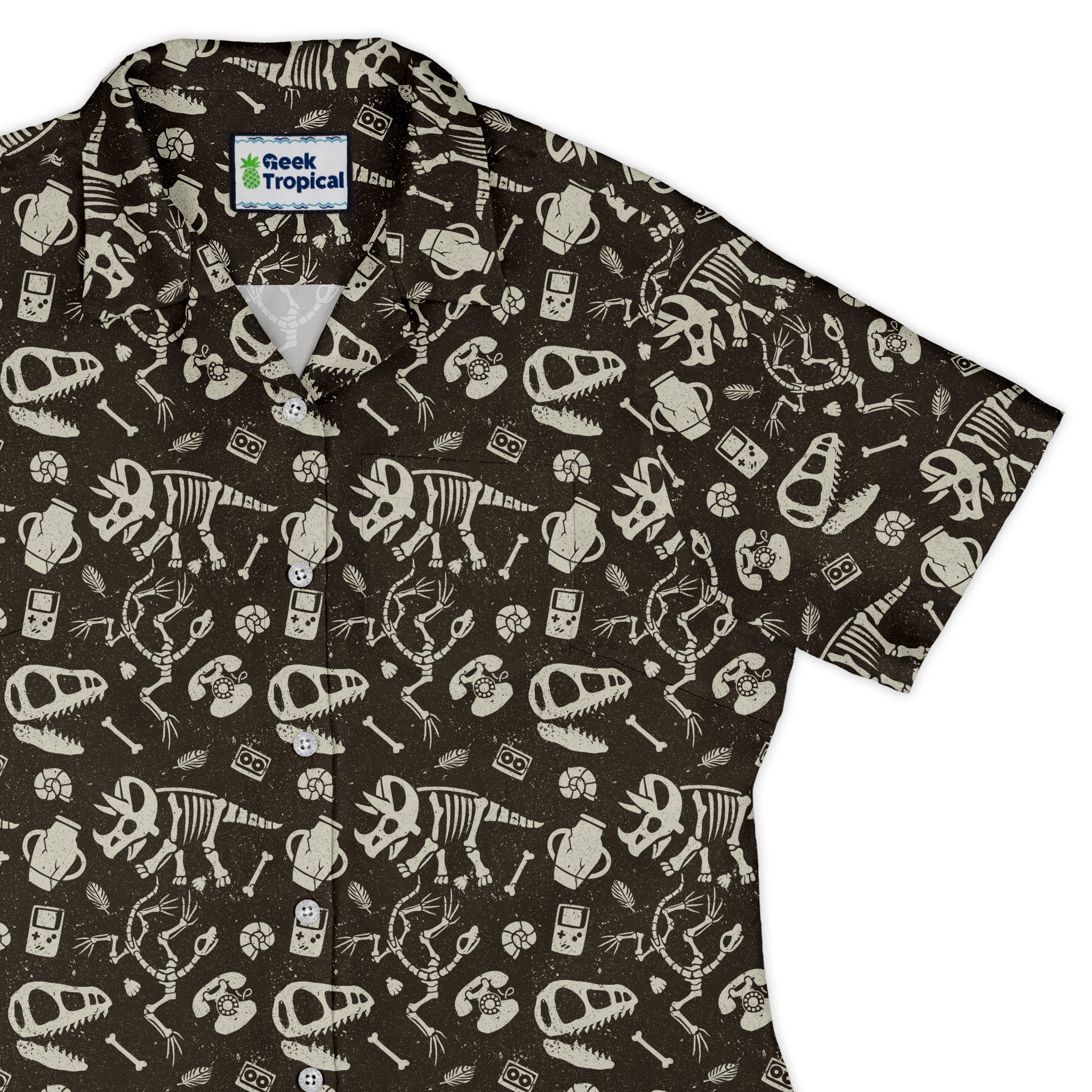 Retro Fossils and Dinosaurs Curvy Button Up Shirt Geek Nerd Design by Tobe Fonseca dinosaur print Q3