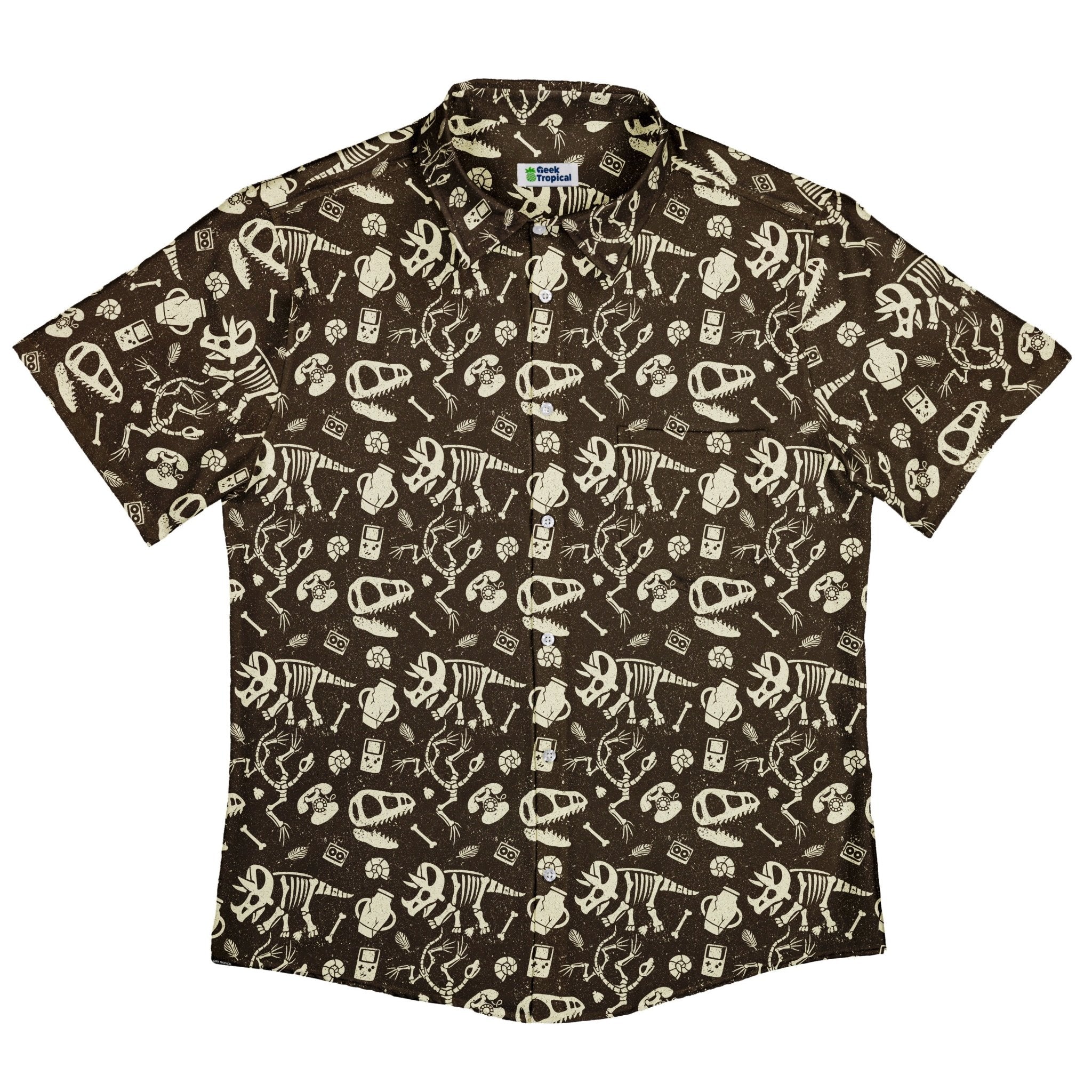 Retro Fossils and Dinosaurs Button Up Shirt - adult sizing - Design by Tobe Fonseca - dinosaur print