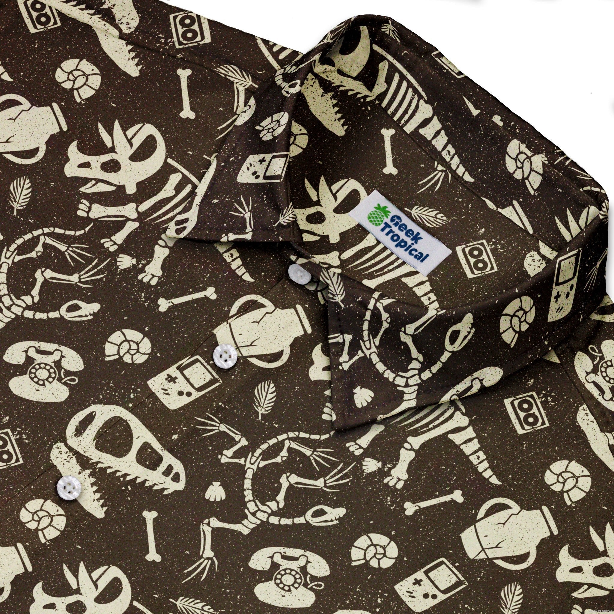 Retro Fossils and Dinosaurs Button Up Shirt - adult sizing - Design by Tobe Fonseca - dinosaur print