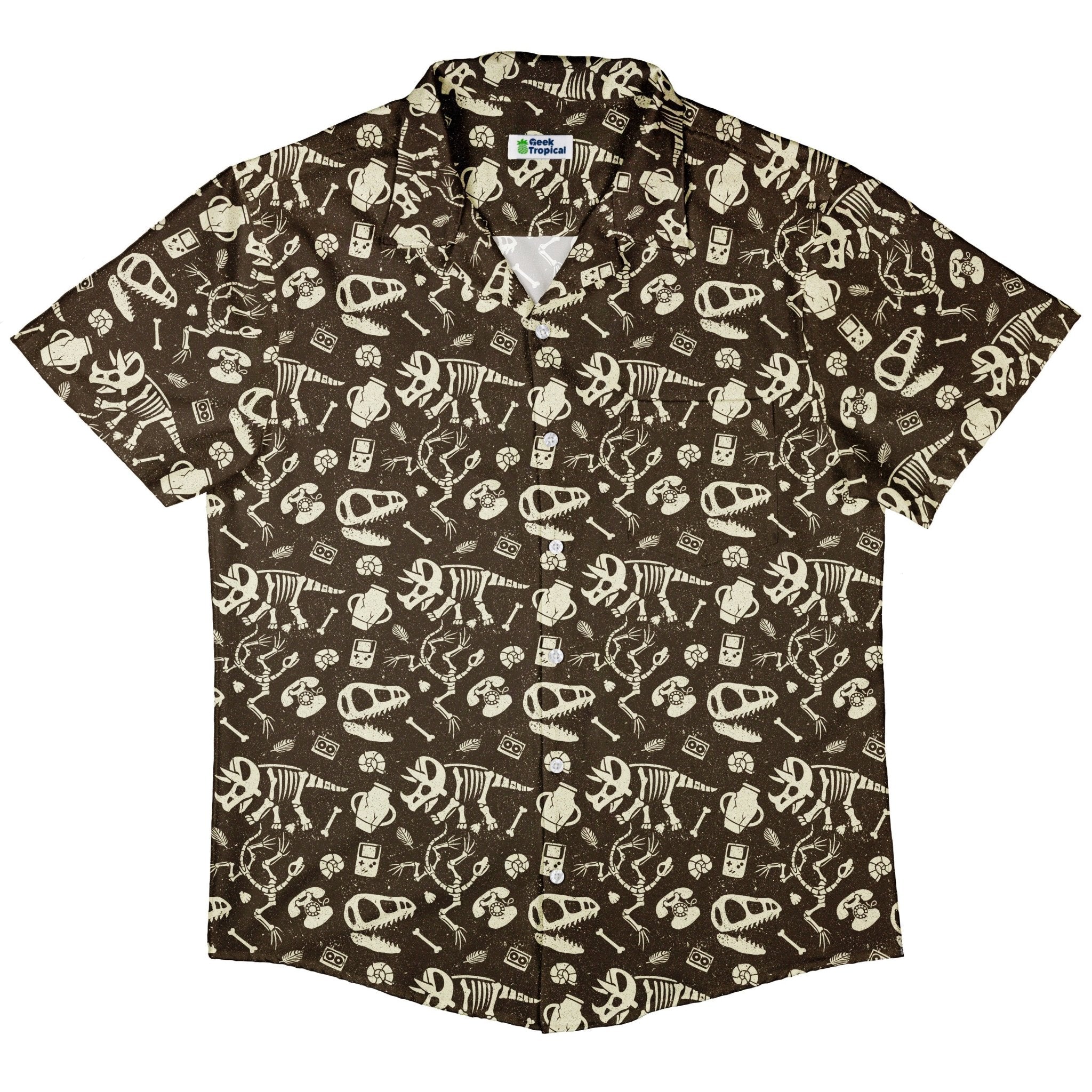 Retro Fossils and Dinosaurs Button Up Shirt - adult sizing - Design by Tobe Fonseca - dinosaur print