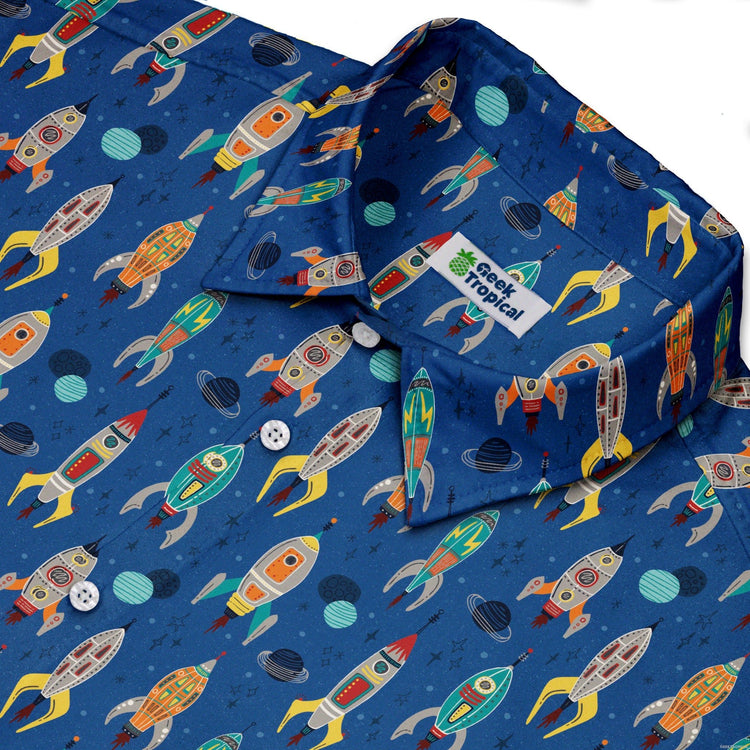 Retro Kitsch Rocker Button Up Shirt Geek Nerd adult sizing Design by Zirkus Design outer space & astronaut print