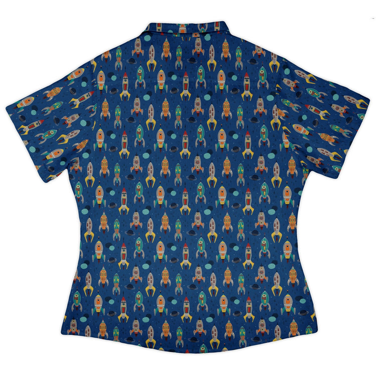 Retro Kitsch Rocker Curvy Button Up Shirt Geek Nerd Design by Zirkus Design outer space & astronaut print q225