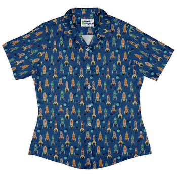 Retro Kitsch Rocker Curvy Button Up Shirt Geek Nerd Design by Zirkus Design outer space & astronaut print q225