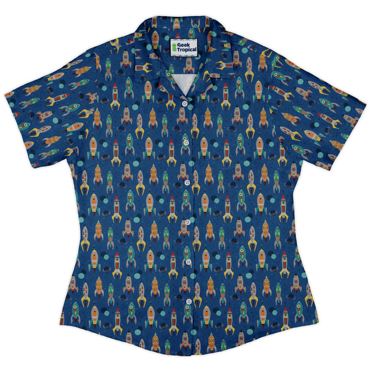 Retro Kitsch Rocker Curvy Button Up Shirt Geek Nerd Design by Zirkus Design outer space & astronaut print q225