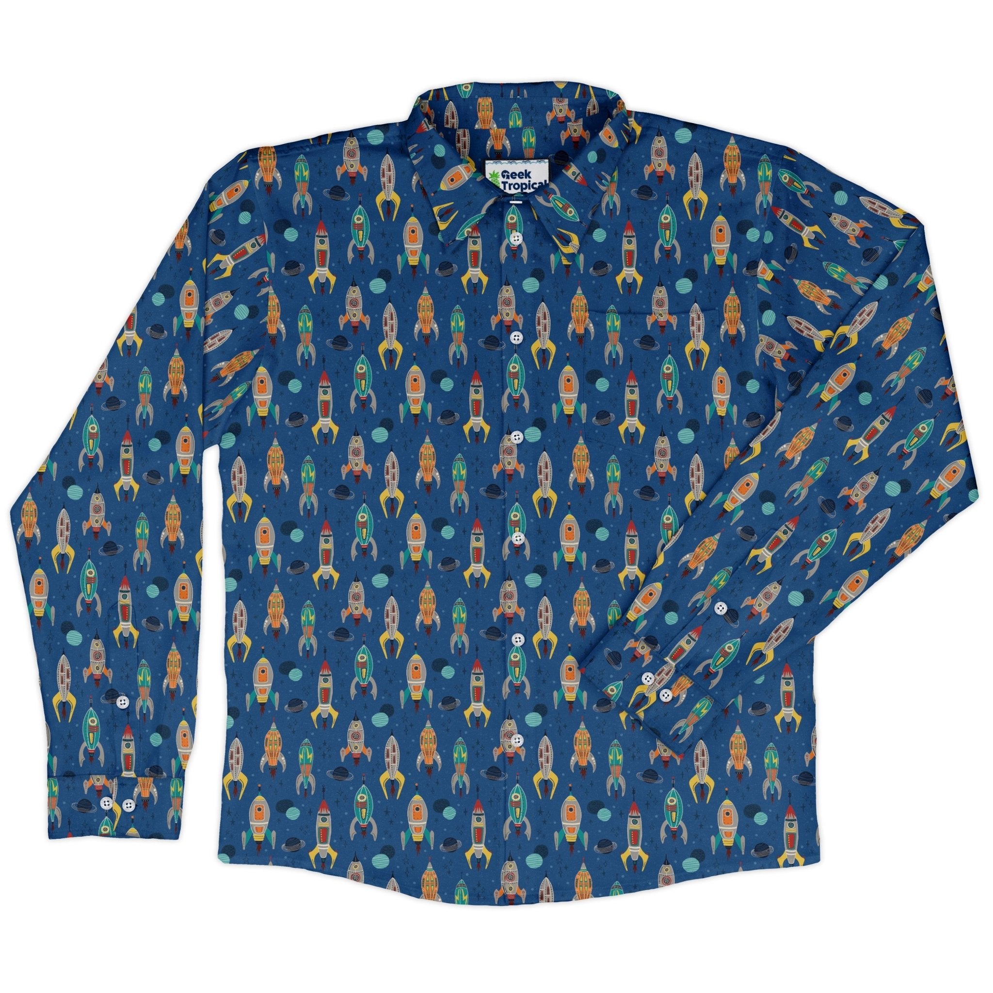 Retro Kitsch Rocker Long Sleeve Button Up Shirt Geek Nerd adult sizing Design by Zirkus Design FLOW DESC WRITING