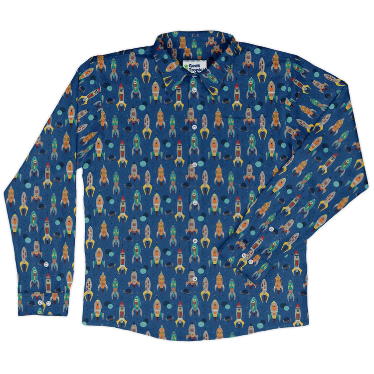 Retro Kitsch Rocker Long Sleeve Button Up Shirt Geek Nerd adult sizing Design by Zirkus Design FLOW DESC WRITING