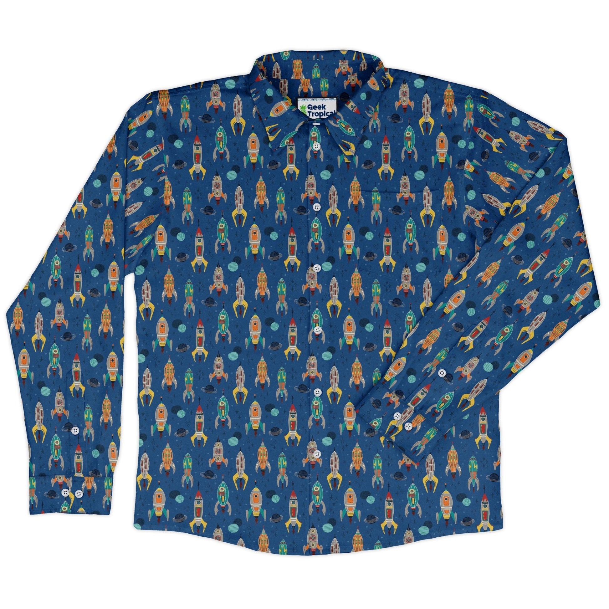 Retro Kitsch Rocker Long Sleeve Button Up Shirt Geek Nerd adult sizing Design by Zirkus Design FLOW DESC WRITING