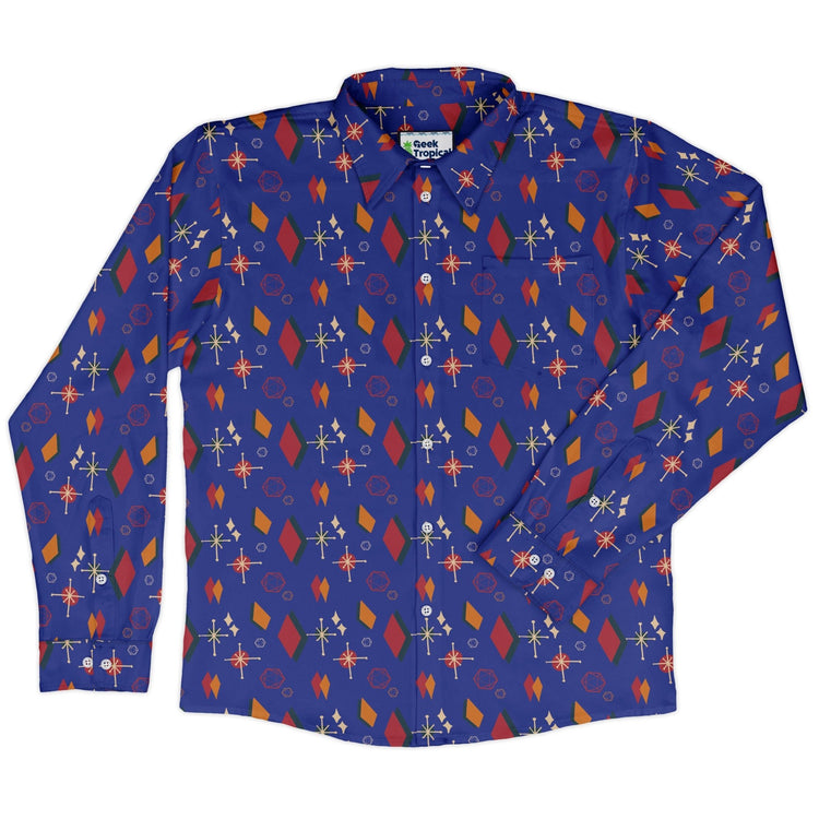 Retro Star Dice Long Sleeve Button Up Shirt Geek Nerd adult sizing Design by Heather Davenport dnd & rpg print