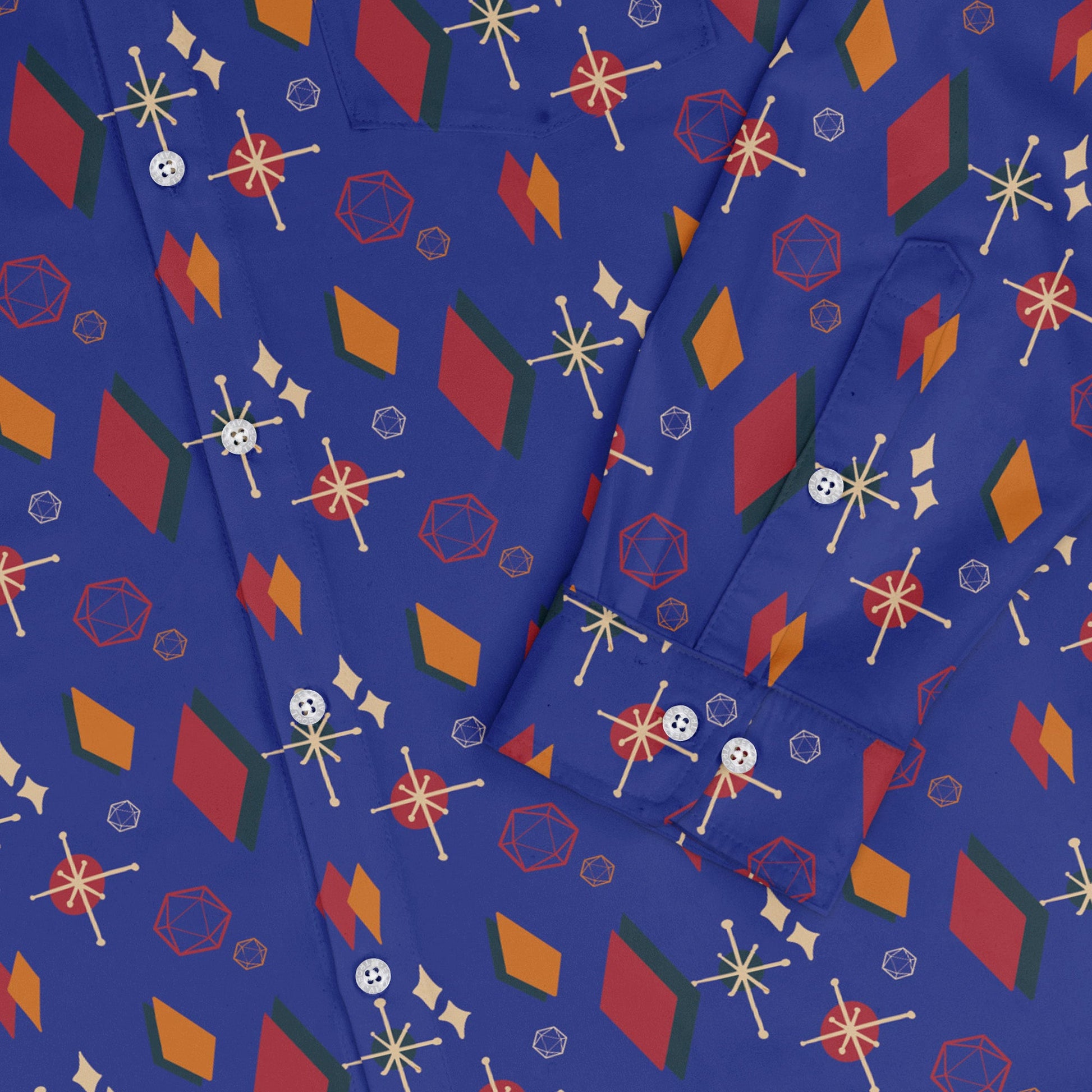 Retro Star Dice Long Sleeve Button Up Shirt Geek Nerd adult sizing Design by Heather Davenport dnd & rpg print