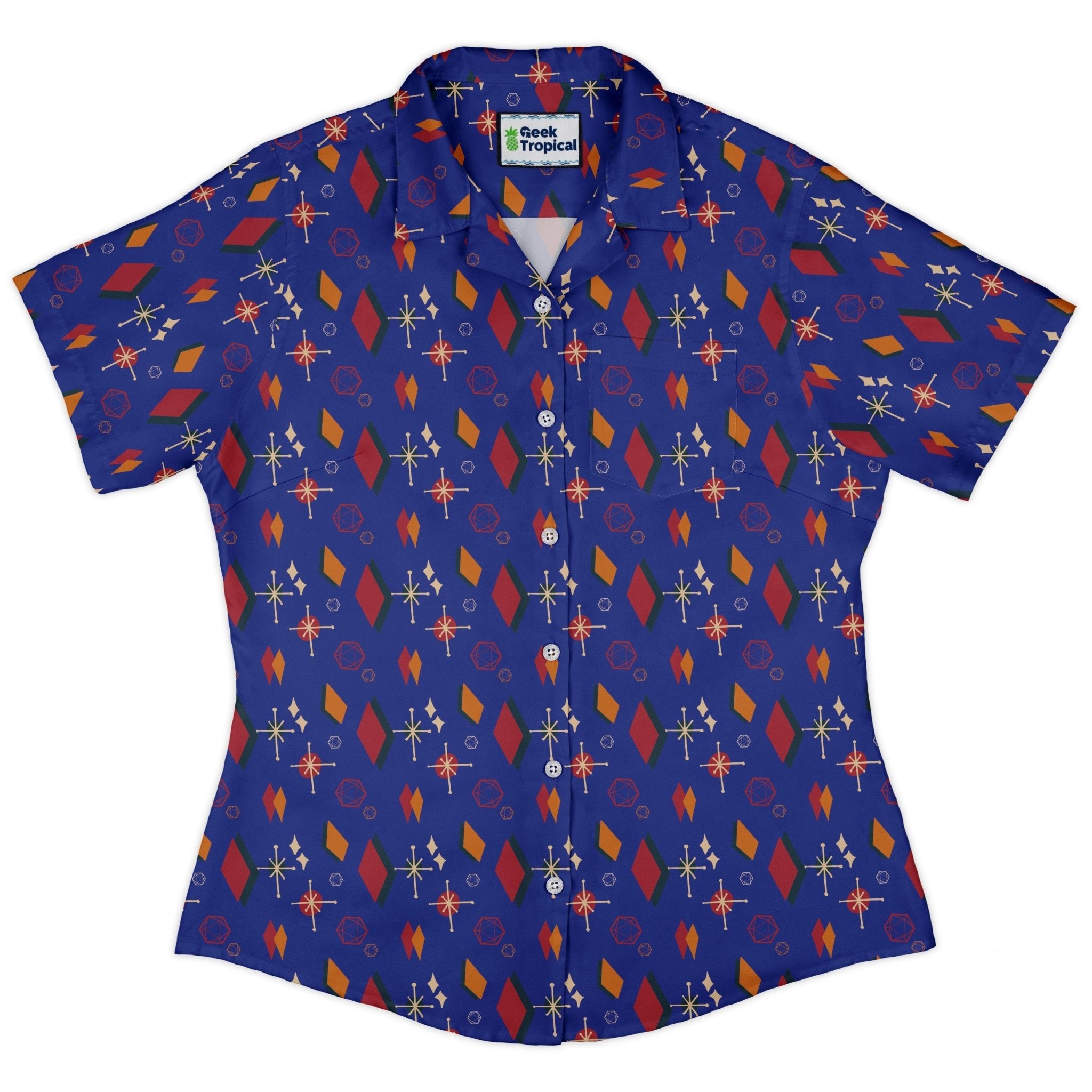 Retro Star Dice Curvy Button Up Shirt Geek Nerd Design by Heather Davenport dnd & rpg print q225