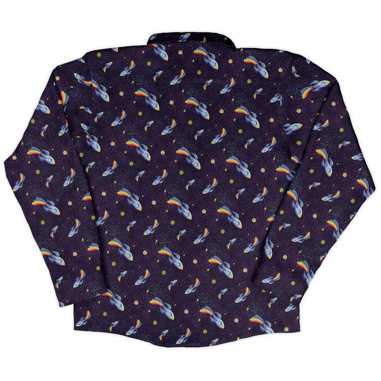 Rocket ships starry night Long Sleeve Button Up Shirt Geek Nerd adult sizing Design by Carla Morrow FLOW DESC WRITING
