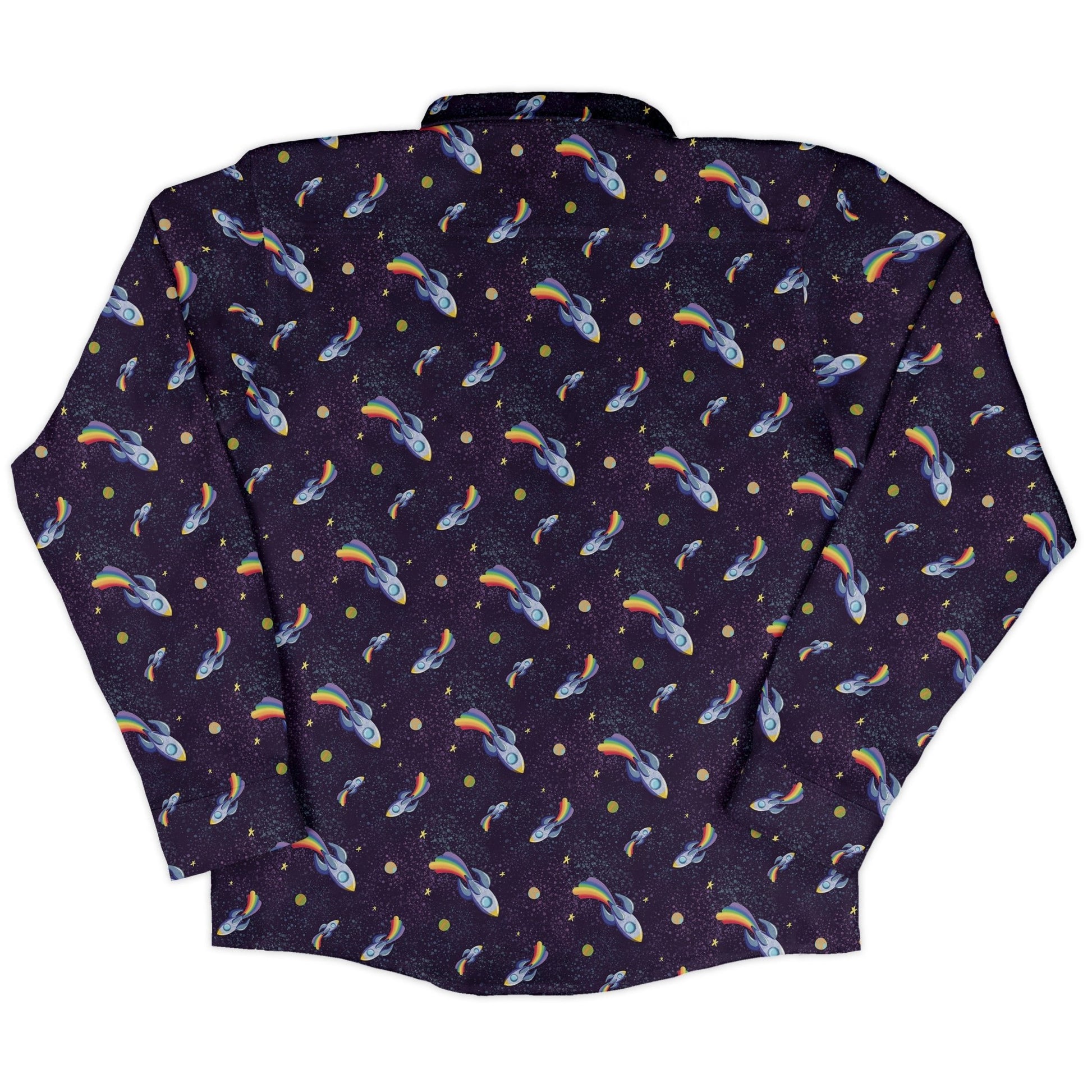 Rocket ships starry night Long Sleeve Button Up Shirt Geek Nerd adult sizing Design by Carla Morrow FLOW DESC WRITING