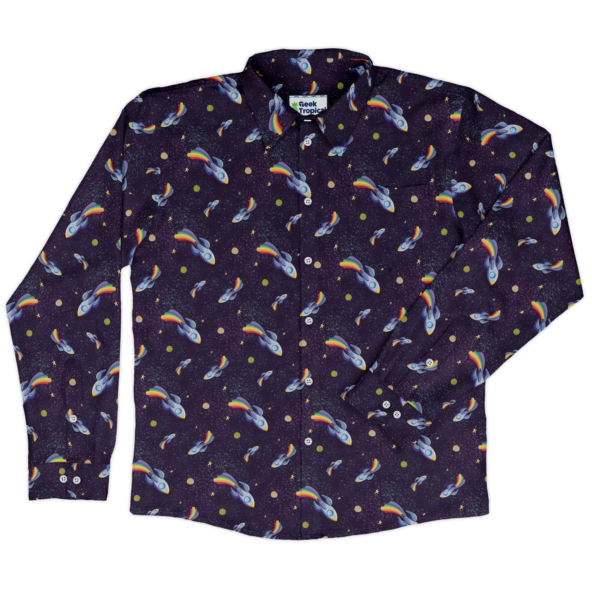 Rocket ships starry night Long Sleeve Button Up Shirt