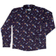Rocket ships starry night Long Sleeve Button Up Shirt Geek Nerd adult sizing Design by Carla Morrow FLOW DESC WRITING