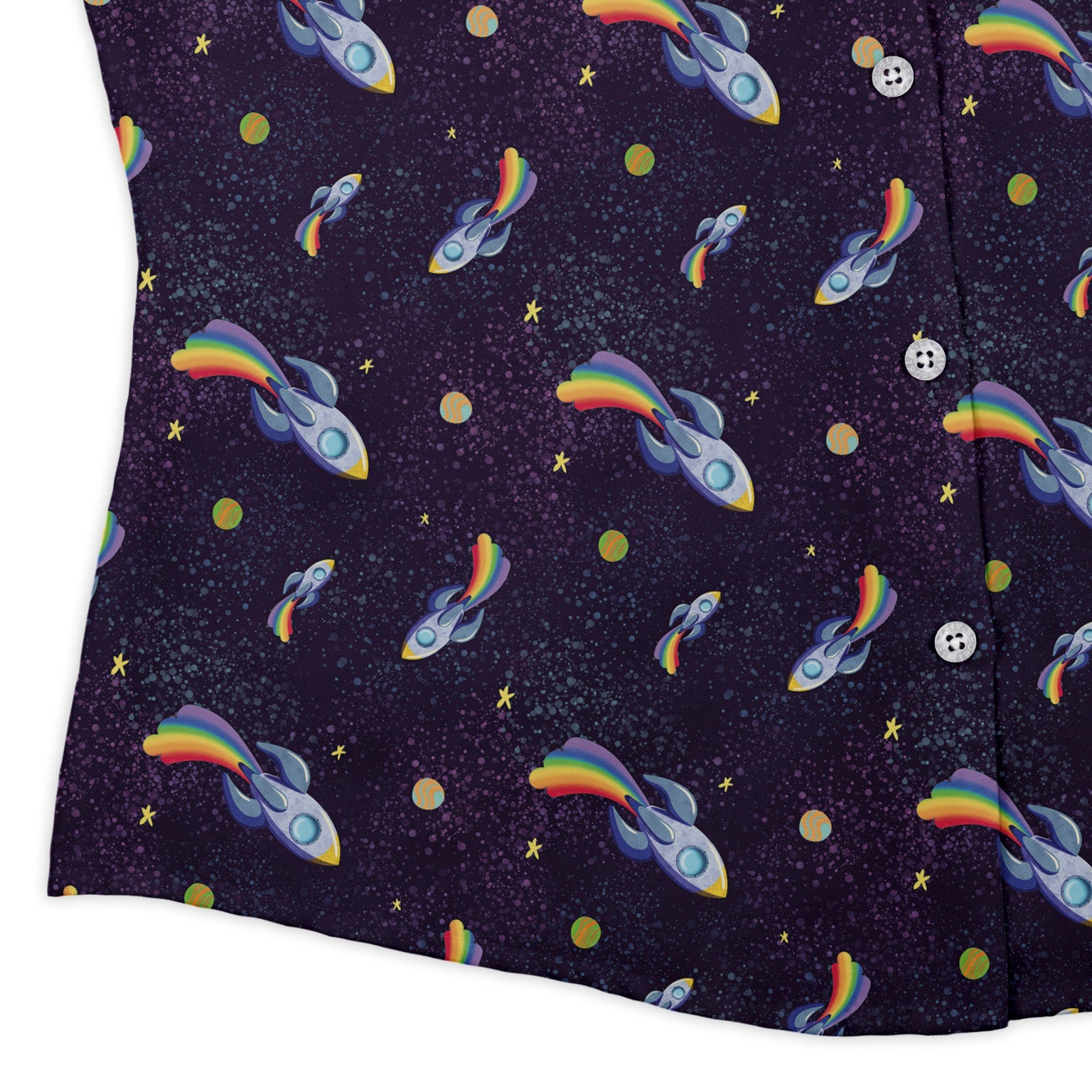Rocket ships starry night Curvy Button Up Shirt Geek Nerd Design by Carla Morrow outer space & astronaut print women