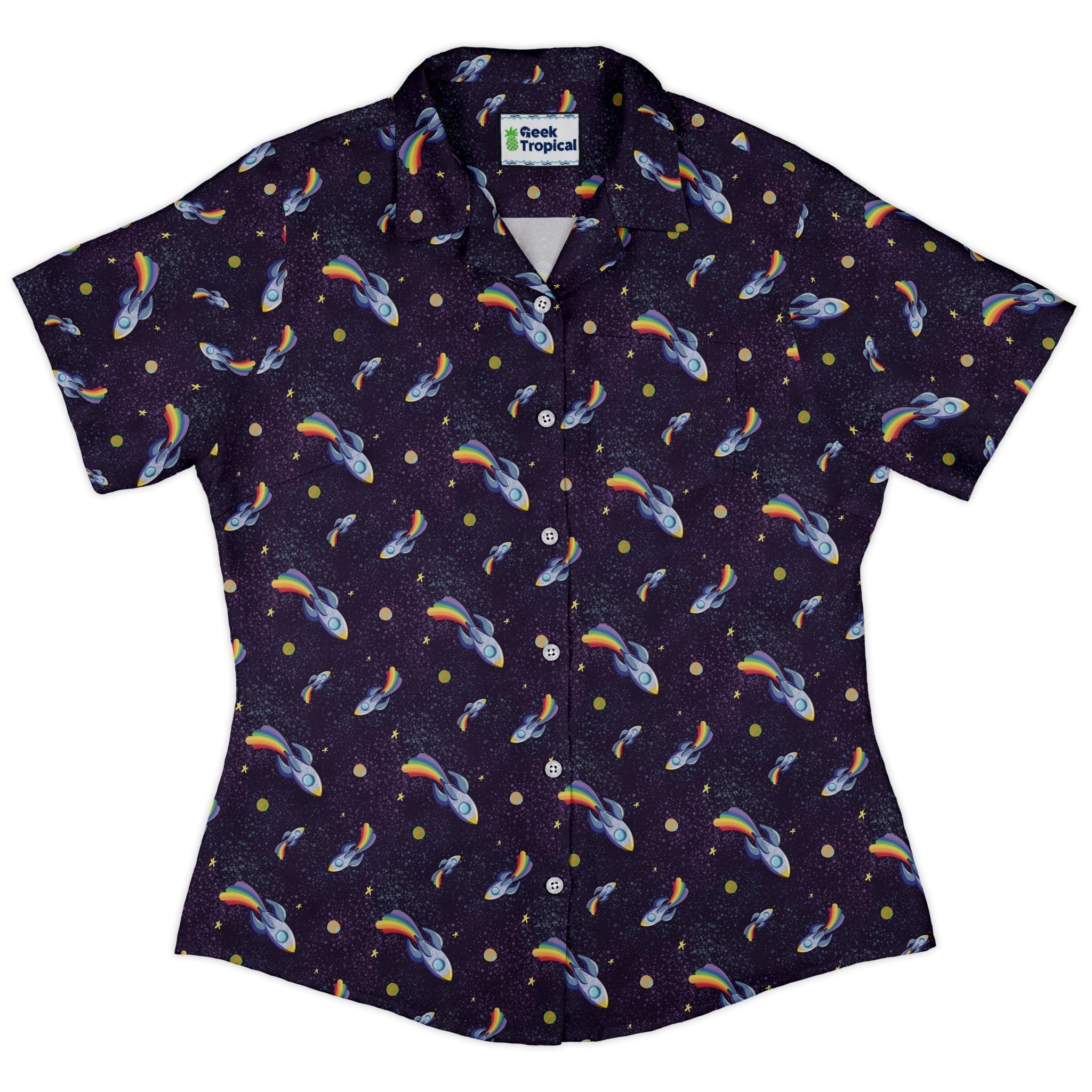 Rocket ships starry night Curvy Button Up Shirt Geek Nerd Design by Carla Morrow outer space & astronaut print women