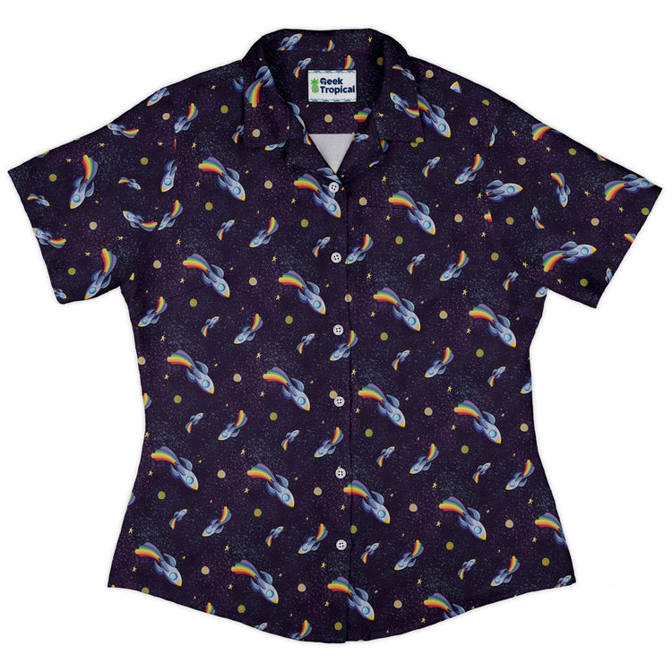 Rocket ships starry night Curvy Button Up Shirt Geek Nerd Design by Carla Morrow outer space & astronaut print women