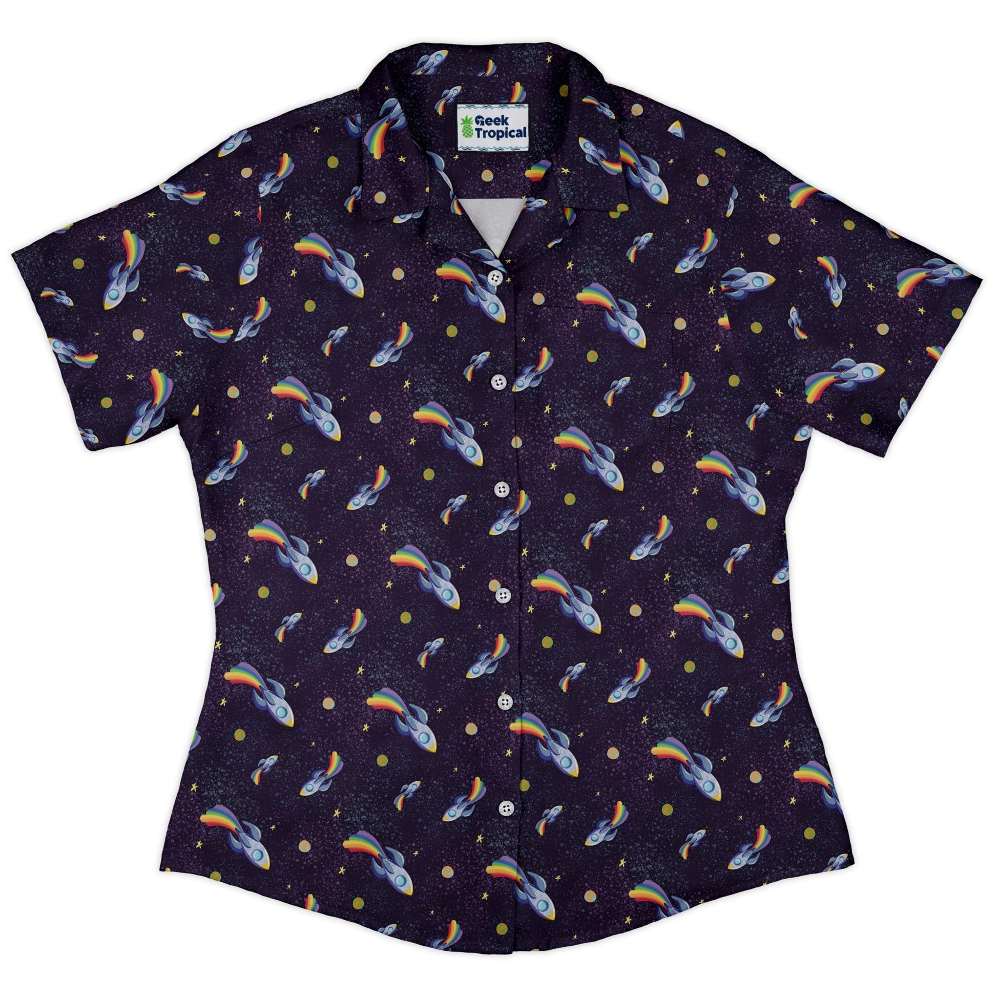 Rocket ships starry night Curvy Button Up Shirt Geek Nerd Design by Carla Morrow outer space & astronaut print women