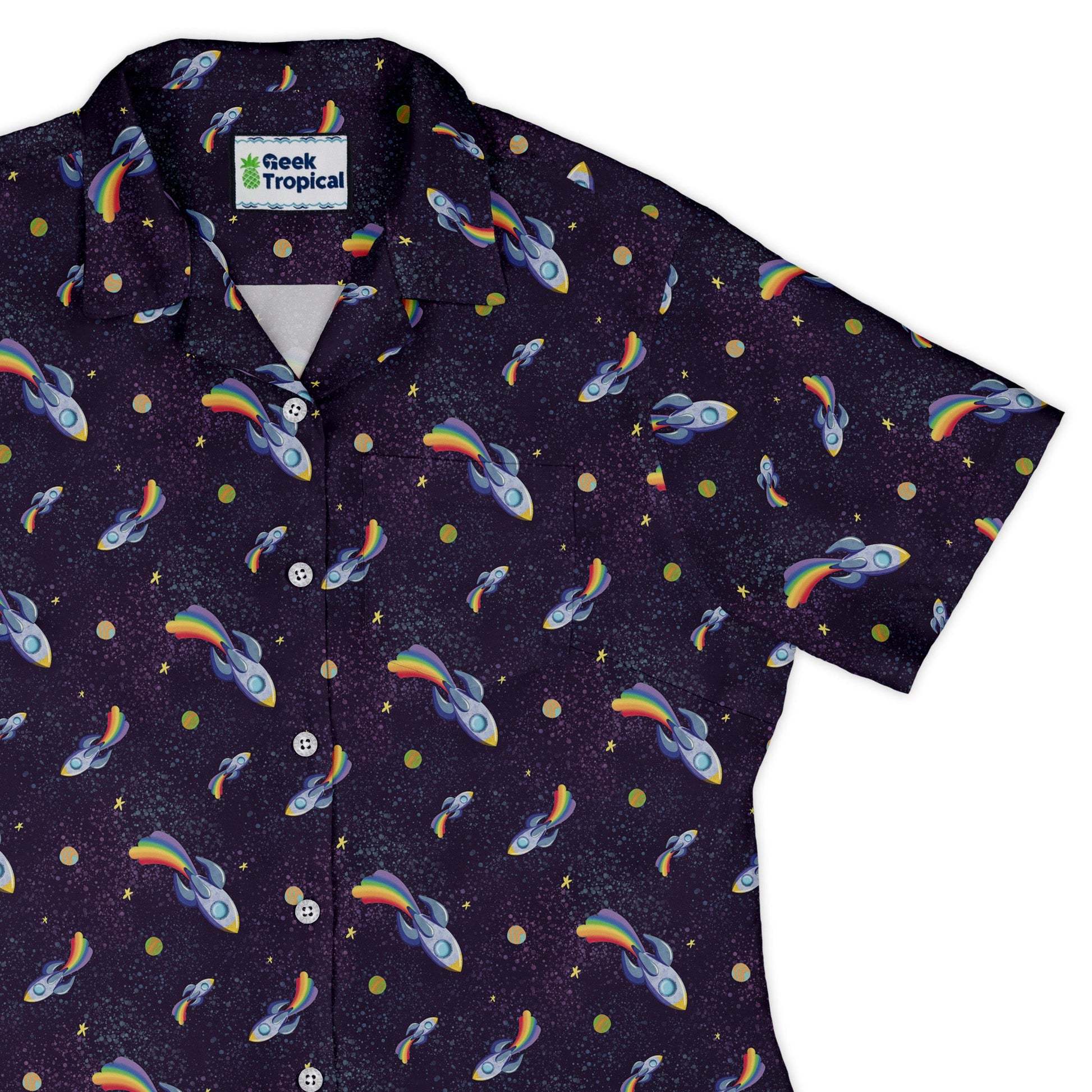 Rocket ships starry night Curvy Button Up Shirt Geek Nerd Design by Carla Morrow outer space & astronaut print women