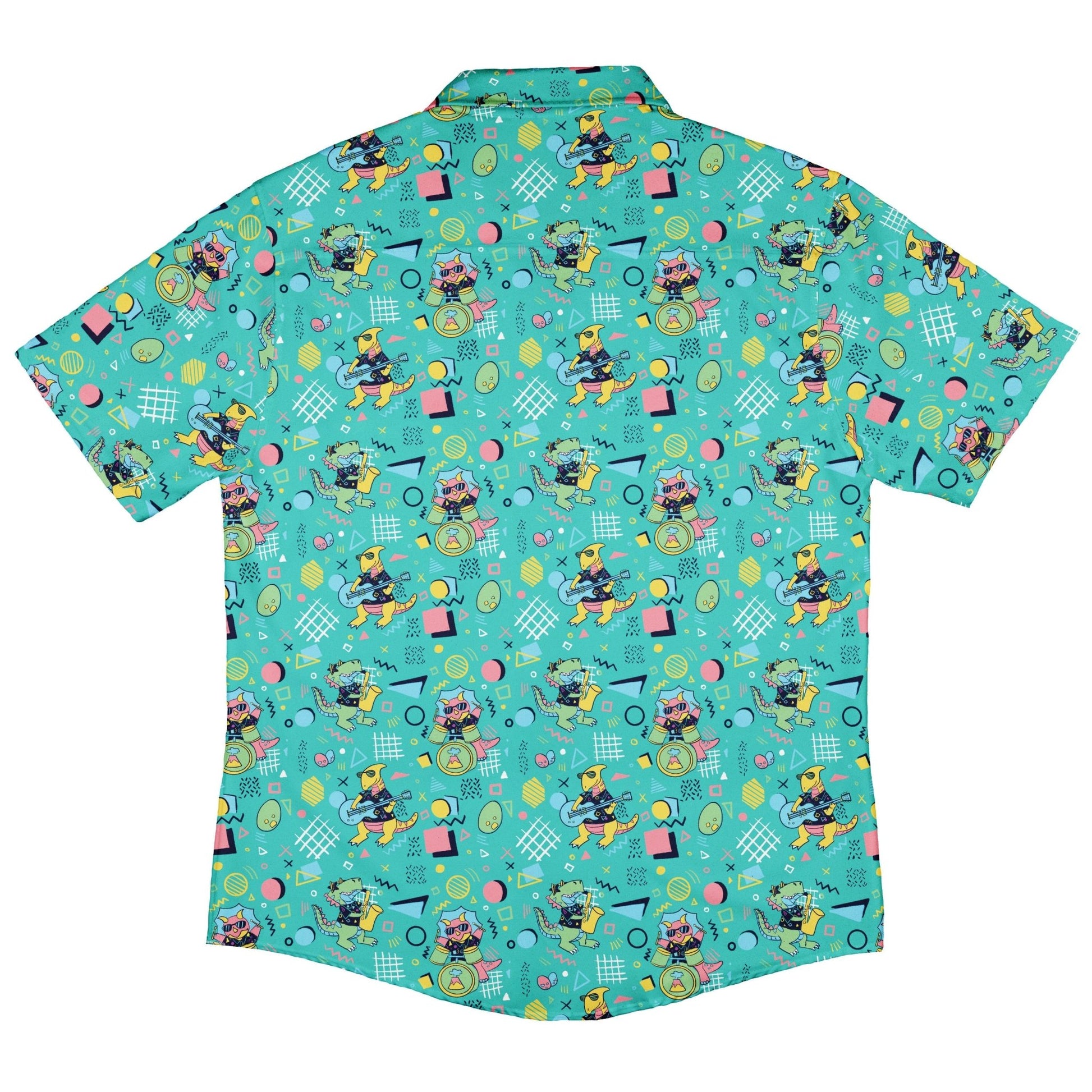 Rocking Dinosaurs Day Button Up Shirt Geek Nerd adult sizing Design by Claire Murphy dinosaur print
