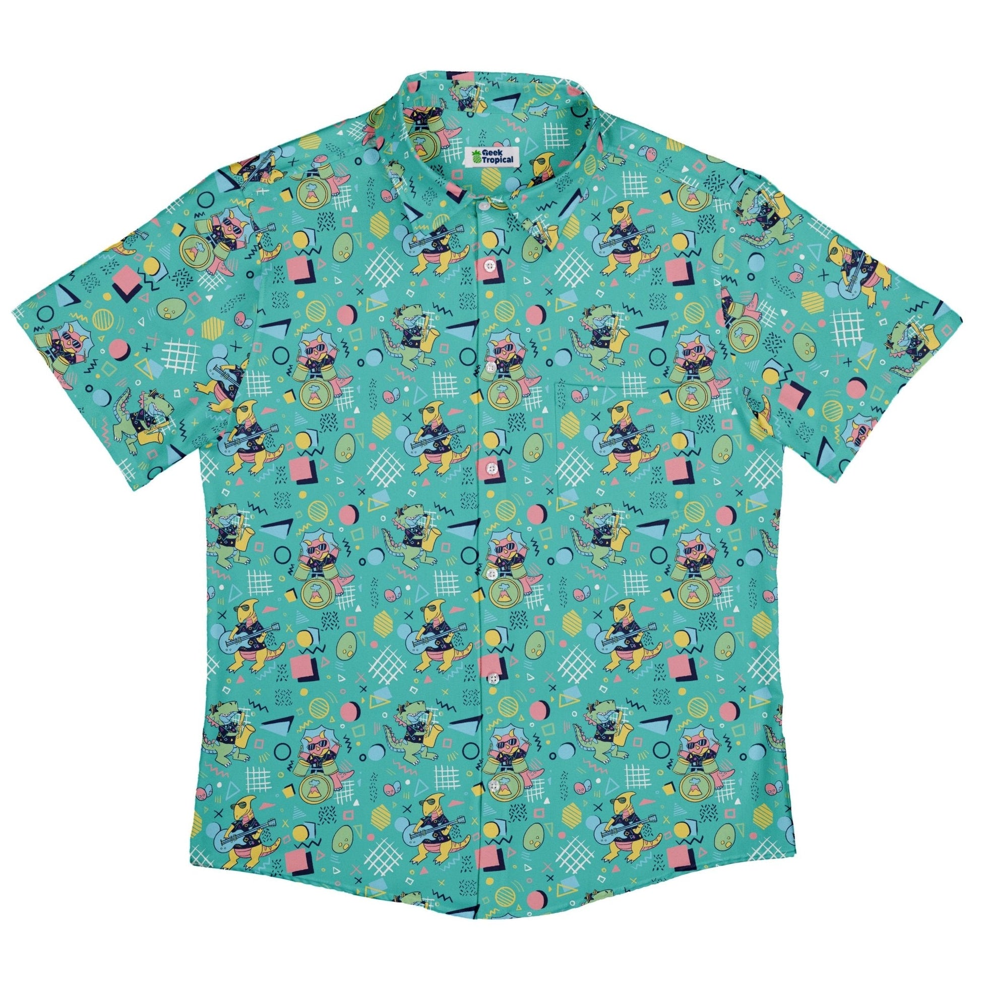 Clearance Ready - to - Ship Rocking Dinosaurs Day Button Up Shirt Geek Nerd adult sizing Clearance Design by Claire Murphy