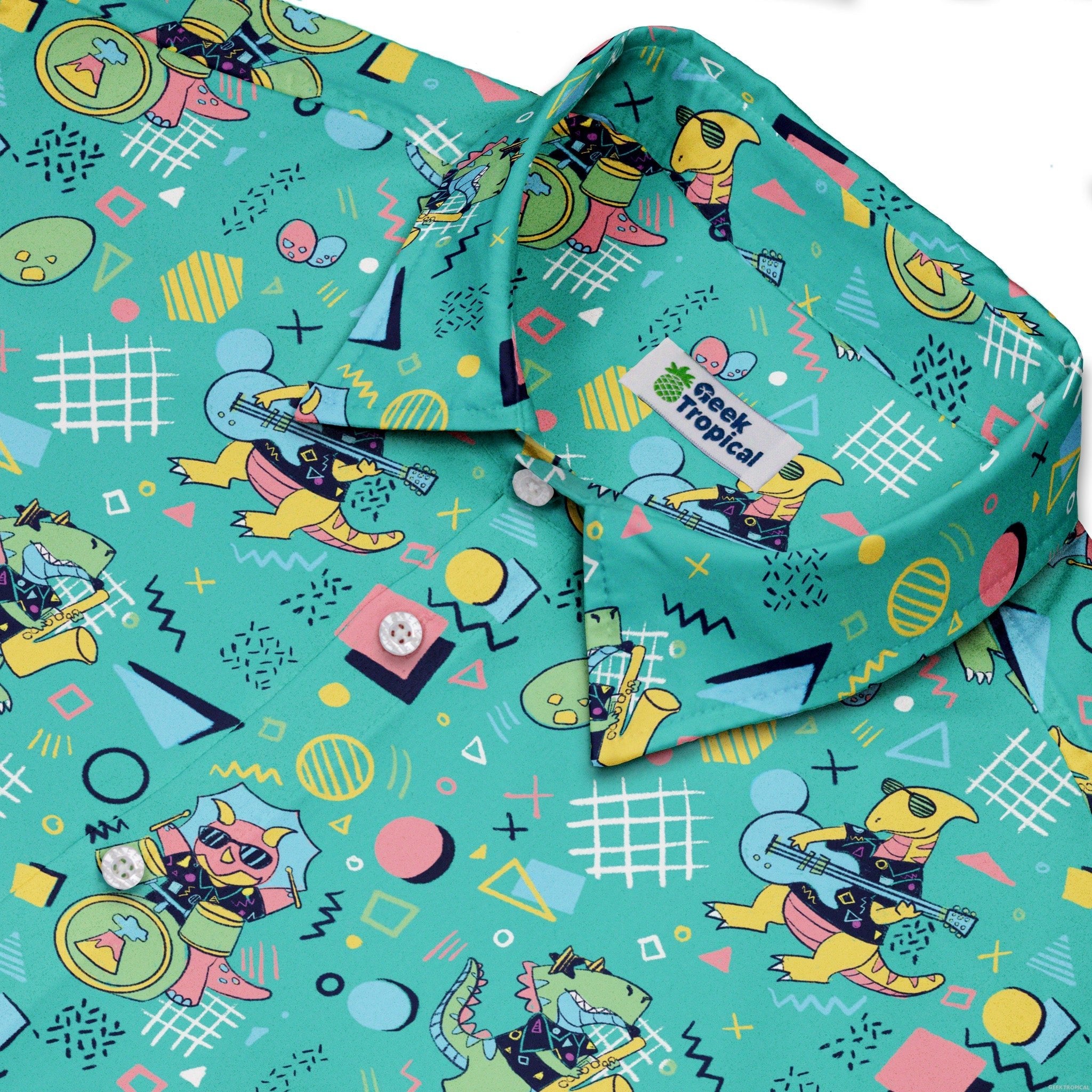 Rocking Dinosaurs Day Button Up Shirt Geek Nerd adult sizing Design by Claire Murphy dinosaur print