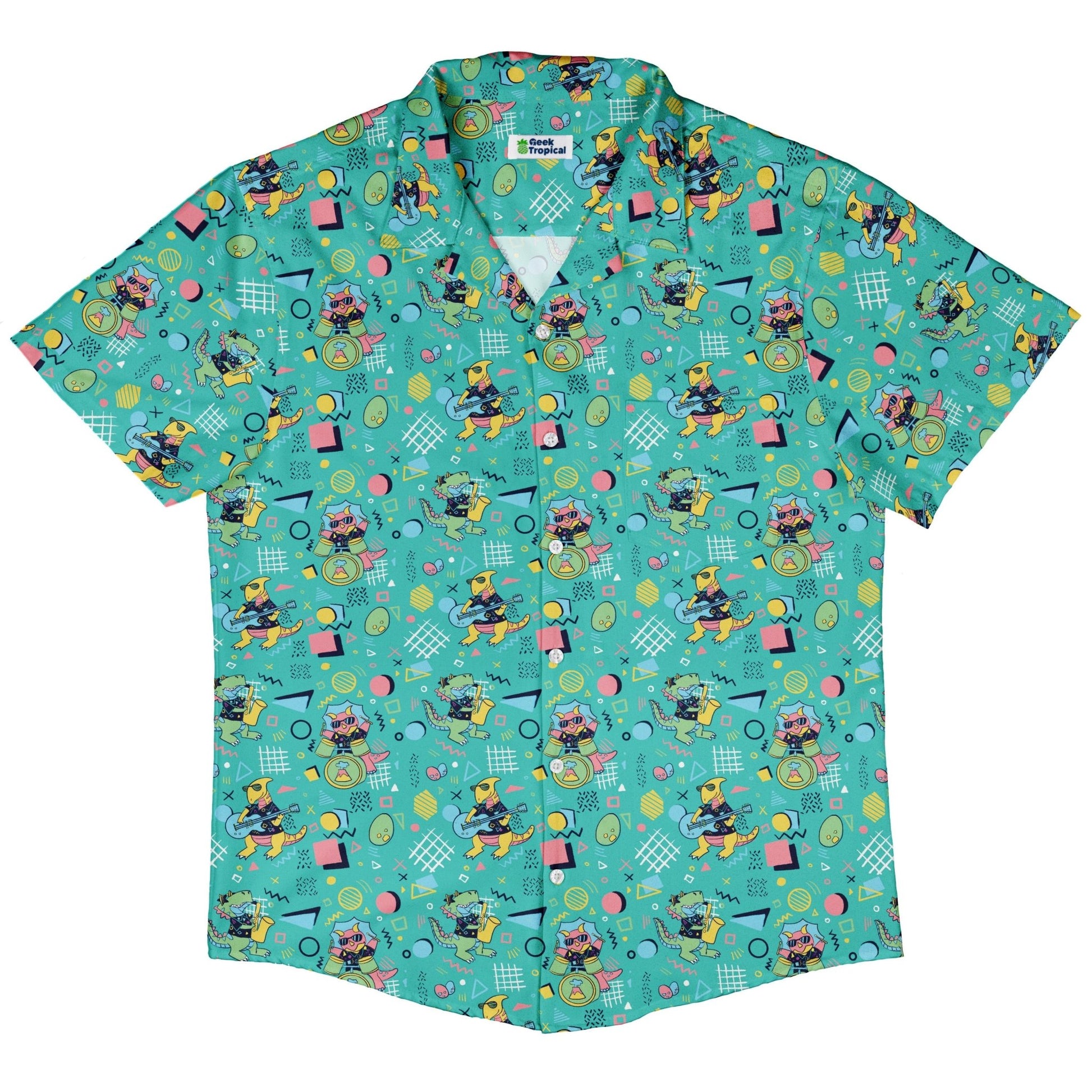 Rocking Dinosaurs Day Button Up Shirt Geek Nerd adult sizing Design by Claire Murphy dinosaur print
