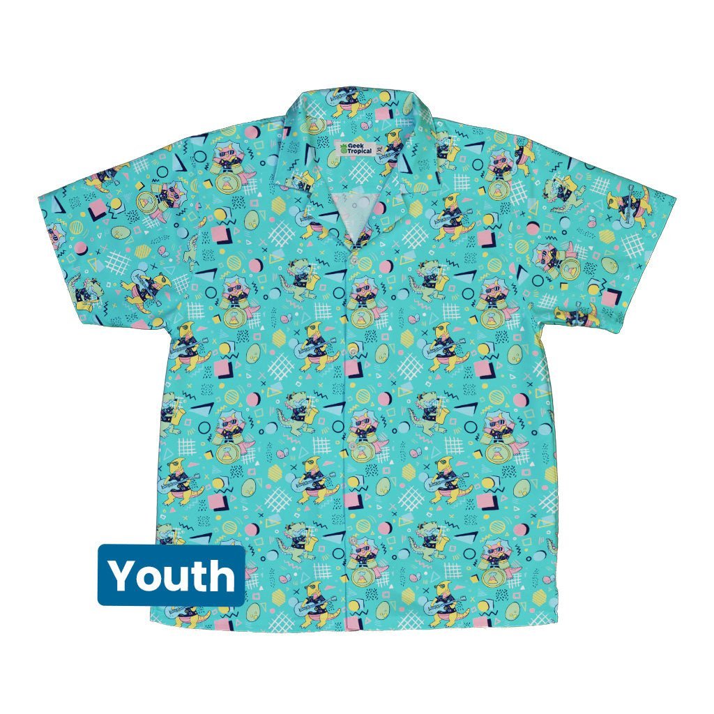 Clearance Ready - to - Ship Rocking Dinosaurs Day Youth Hawaiian Shirt Geek Nerd Clearance Design by Claire Murphy dinosaur print