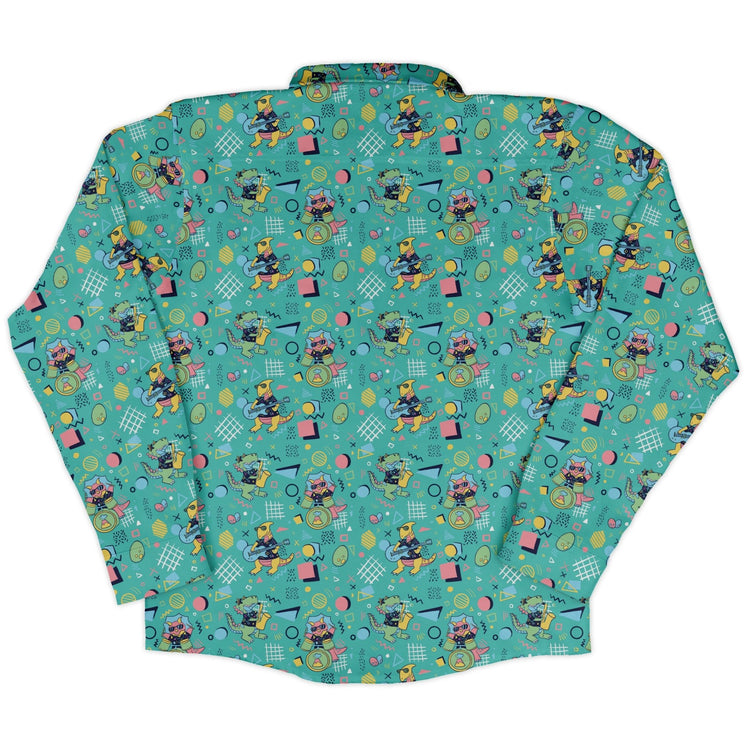 Rocking Dinosaurs Day Long Sleeve Button Up Shirt Geek Nerd adult sizing Design by Claire Murphy dinosaur print