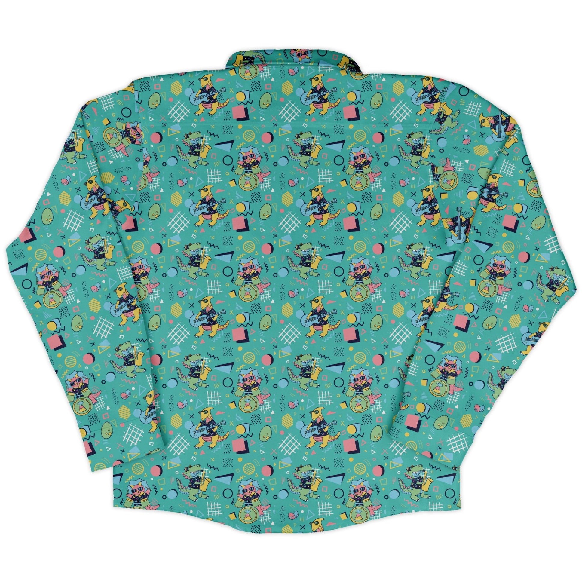 Rocking Dinosaurs Day Long Sleeve Button Up Shirt Geek Nerd adult sizing Design by Claire Murphy dinosaur print