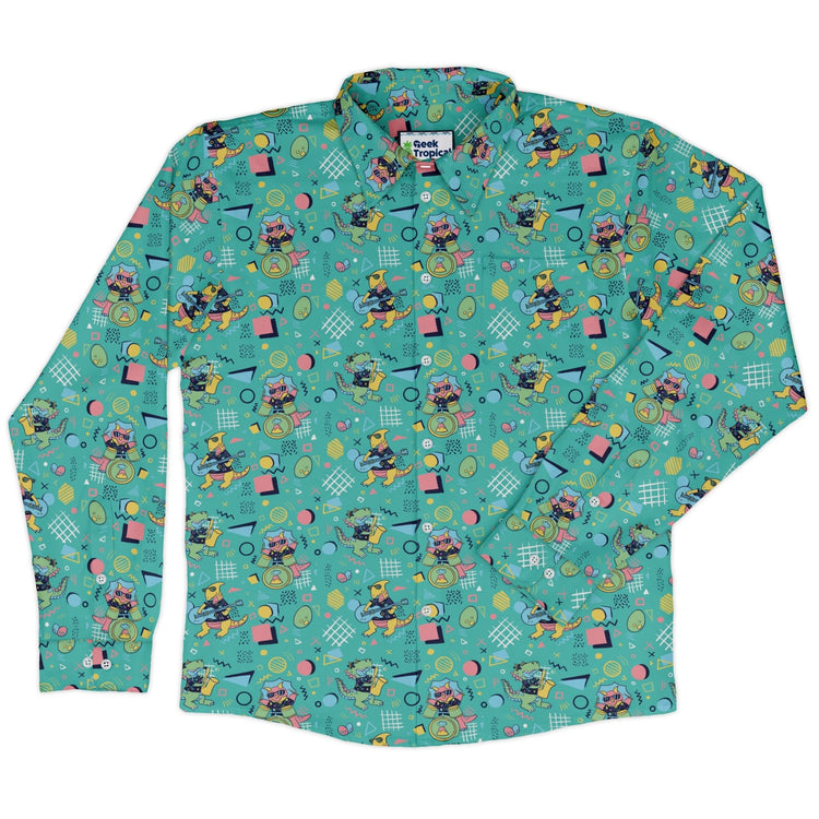 Rocking Dinosaurs Day Long Sleeve Button Up Shirt Geek Nerd adult sizing Design by Claire Murphy dinosaur print