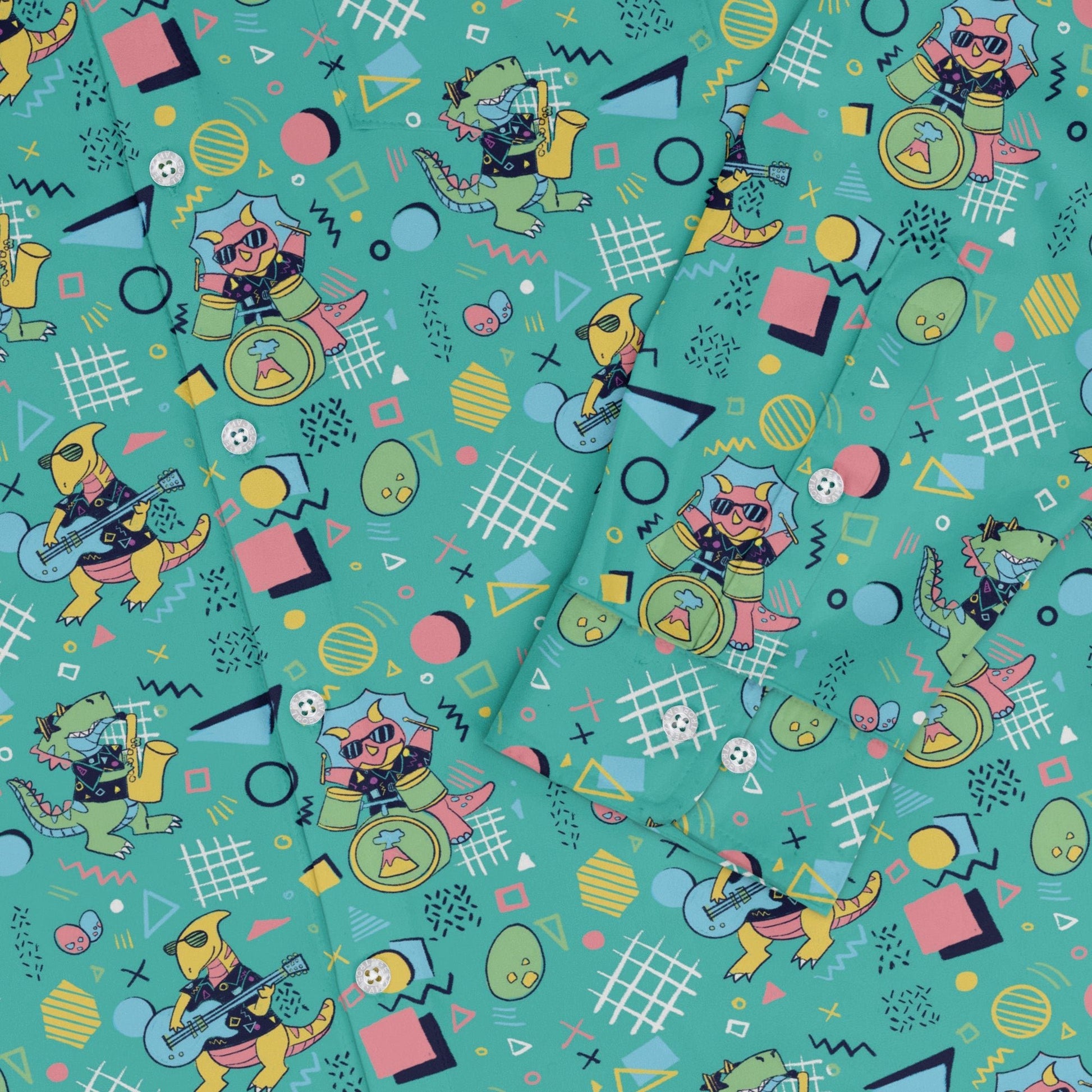Rocking Dinosaurs Day Long Sleeve Button Up Shirt Geek Nerd adult sizing Design by Claire Murphy dinosaur print