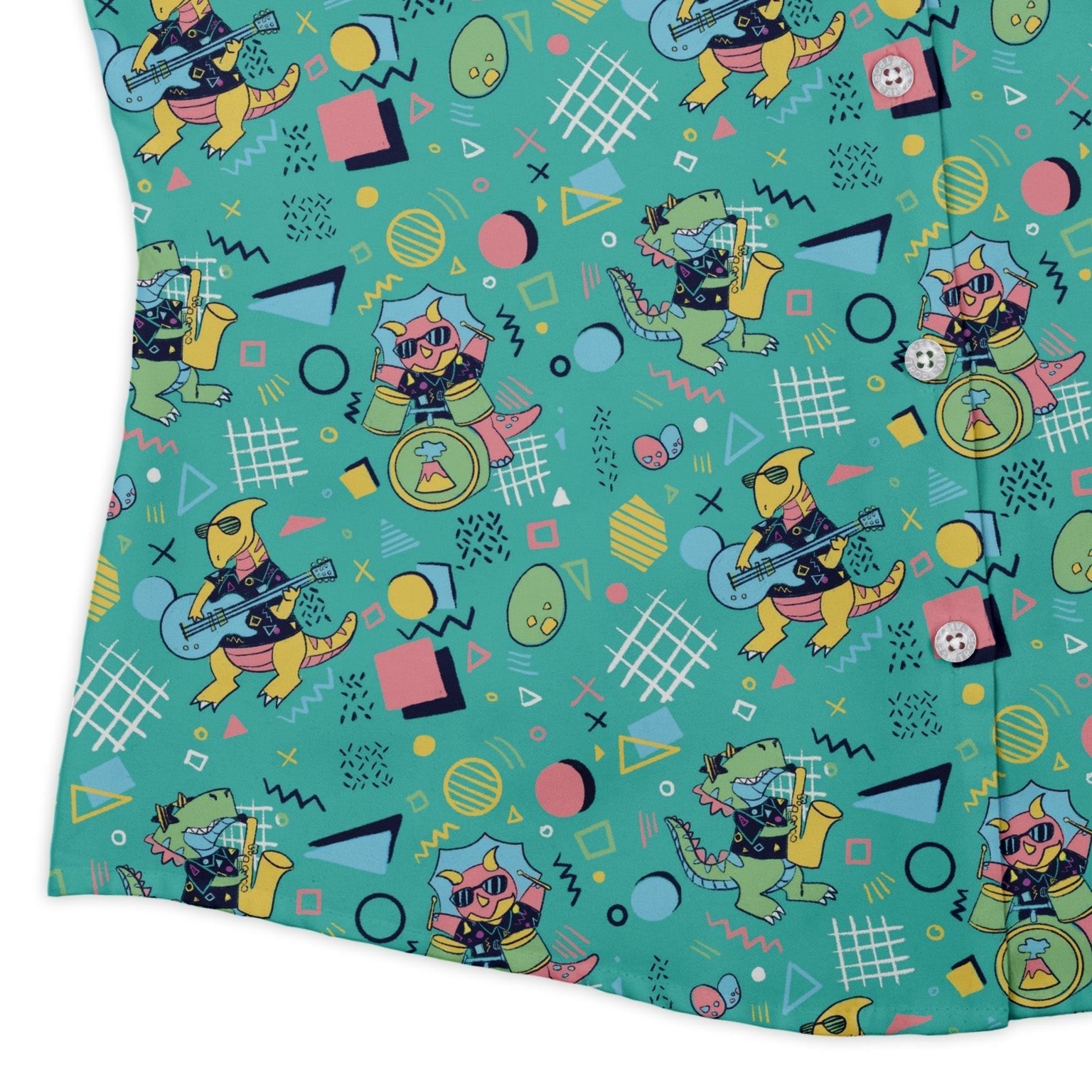 Rocking Dinosaurs Day Curvy Button Up Shirt Geek Nerd Design by Claire Murphy dinosaur print q4