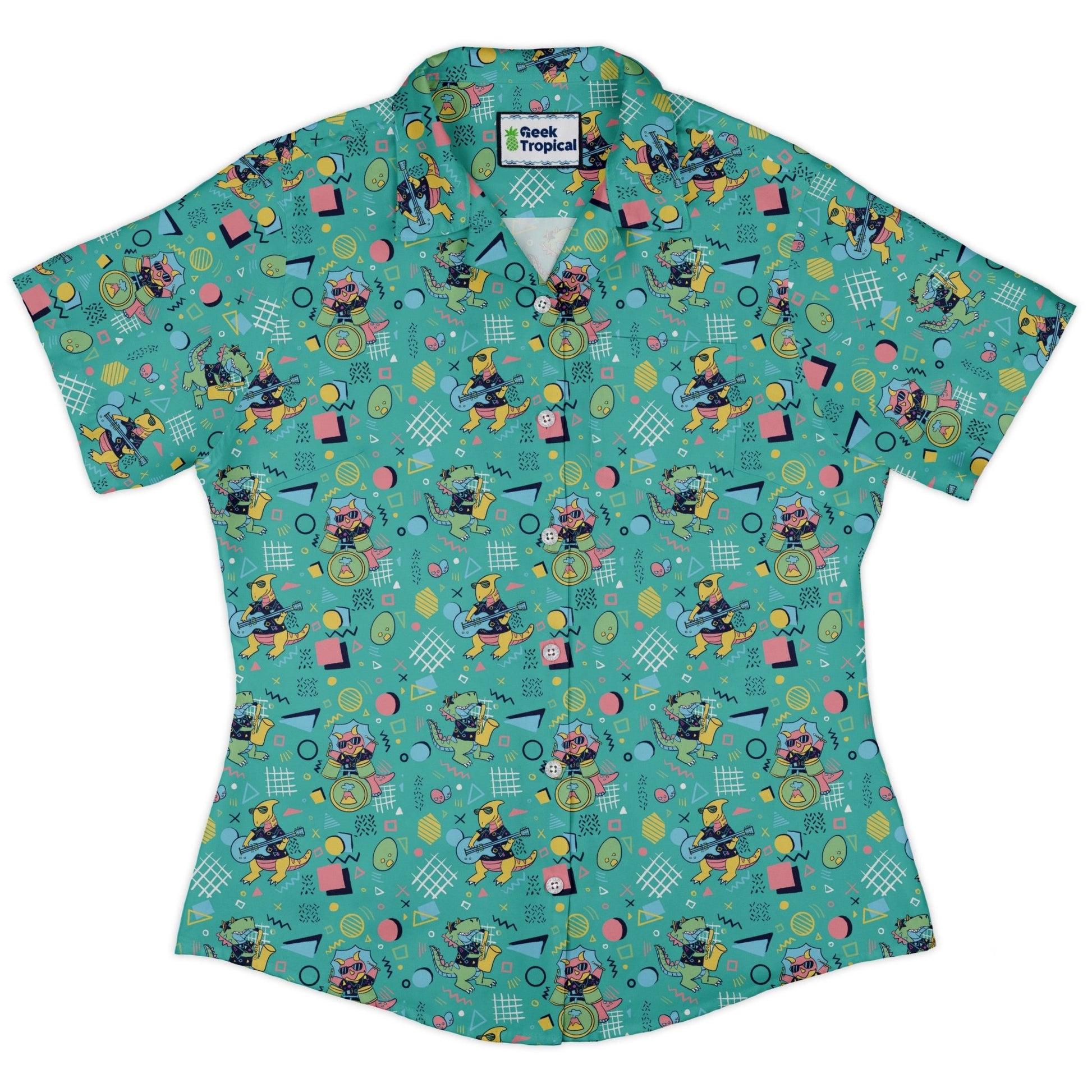 Rocking Dinosaurs Day Curvy Button Up Shirt Geek Nerd Design by Claire Murphy dinosaur print q4