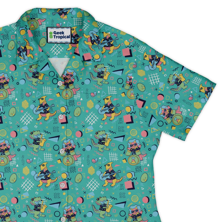 Rocking Dinosaurs Day Curvy Button Up Shirt Geek Nerd Design by Claire Murphy dinosaur print q4