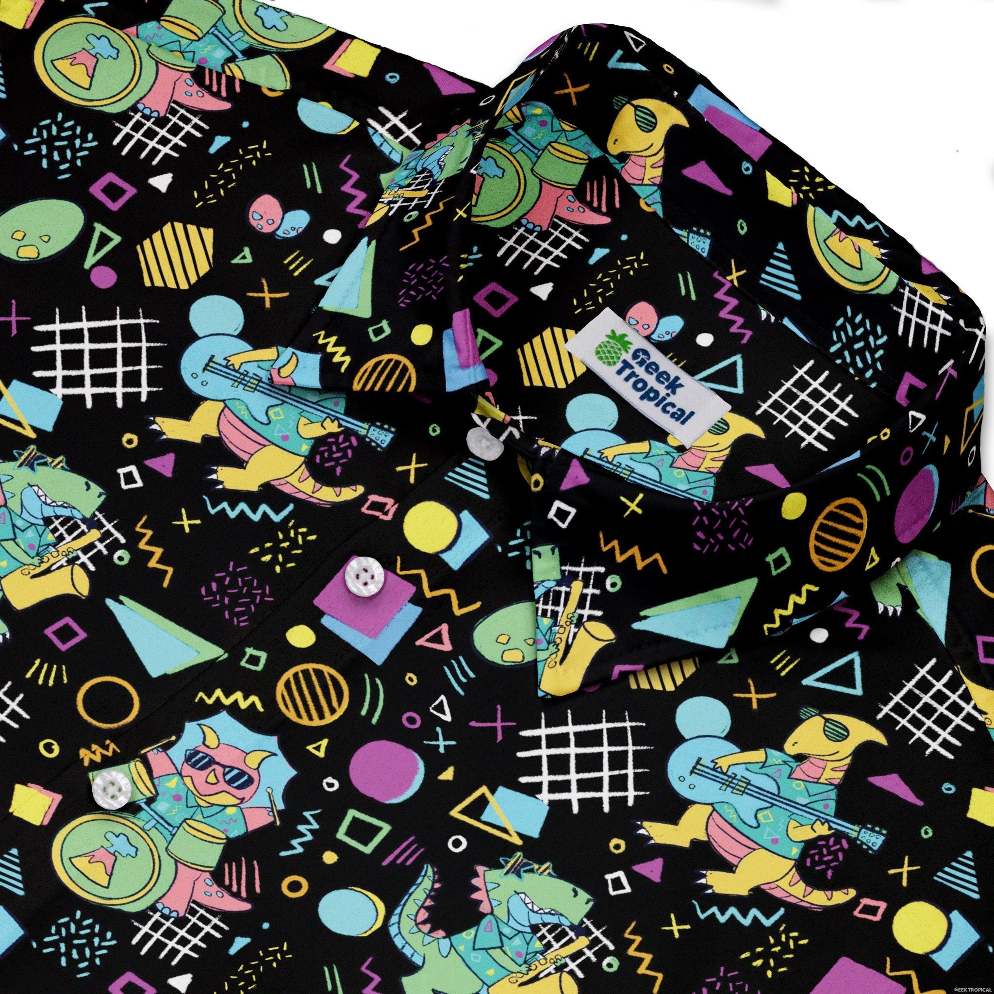 Rocking Dinosaurs Night Button Up Shirt Geek Nerd adult sizing Design by Claire Murphy dinosaur print