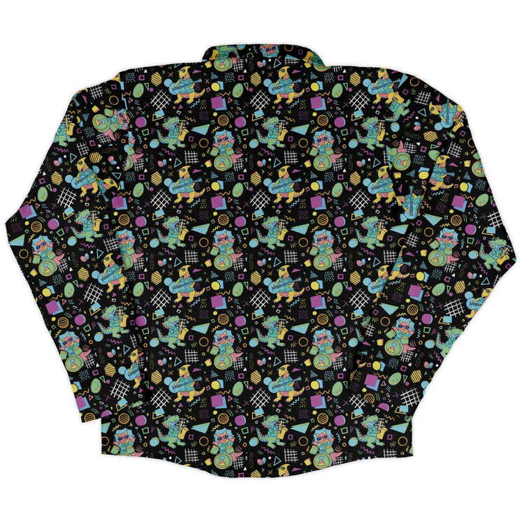 Rocking Dinosaurs Night Long Sleeve Button Up Shirt Geek Nerd adult sizing Design by Claire Murphy dinosaur print