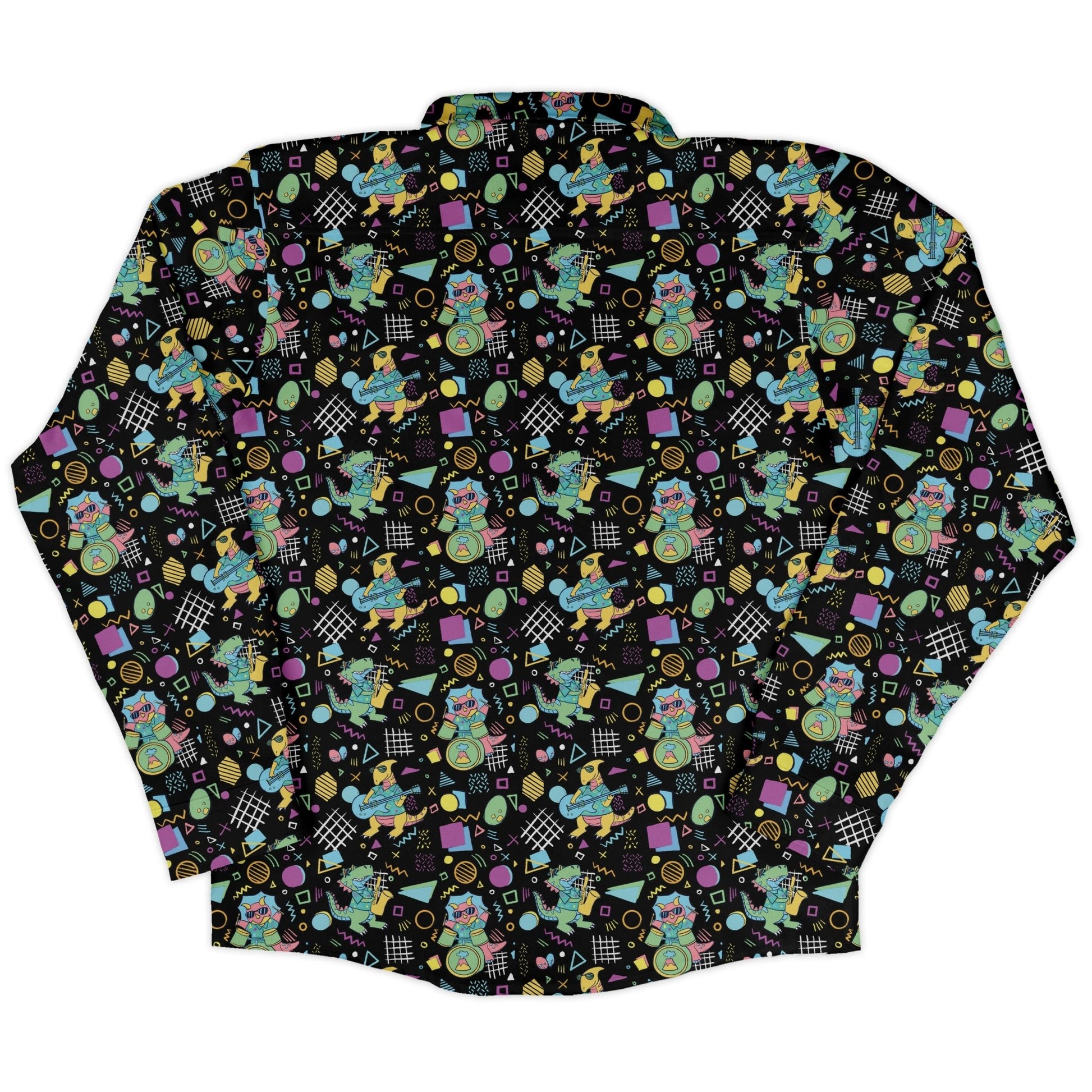 Rocking Dinosaurs Night Long Sleeve Button Up Shirt Geek Nerd adult sizing Design by Claire Murphy dinosaur print